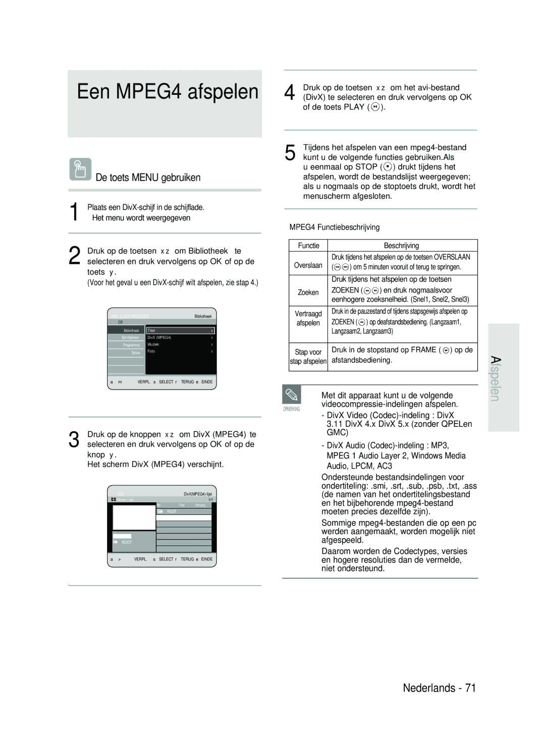 Samsung DVD-HR730A/XEB, DVD-HR734A/XEG manual De toets Menu gebruiken 