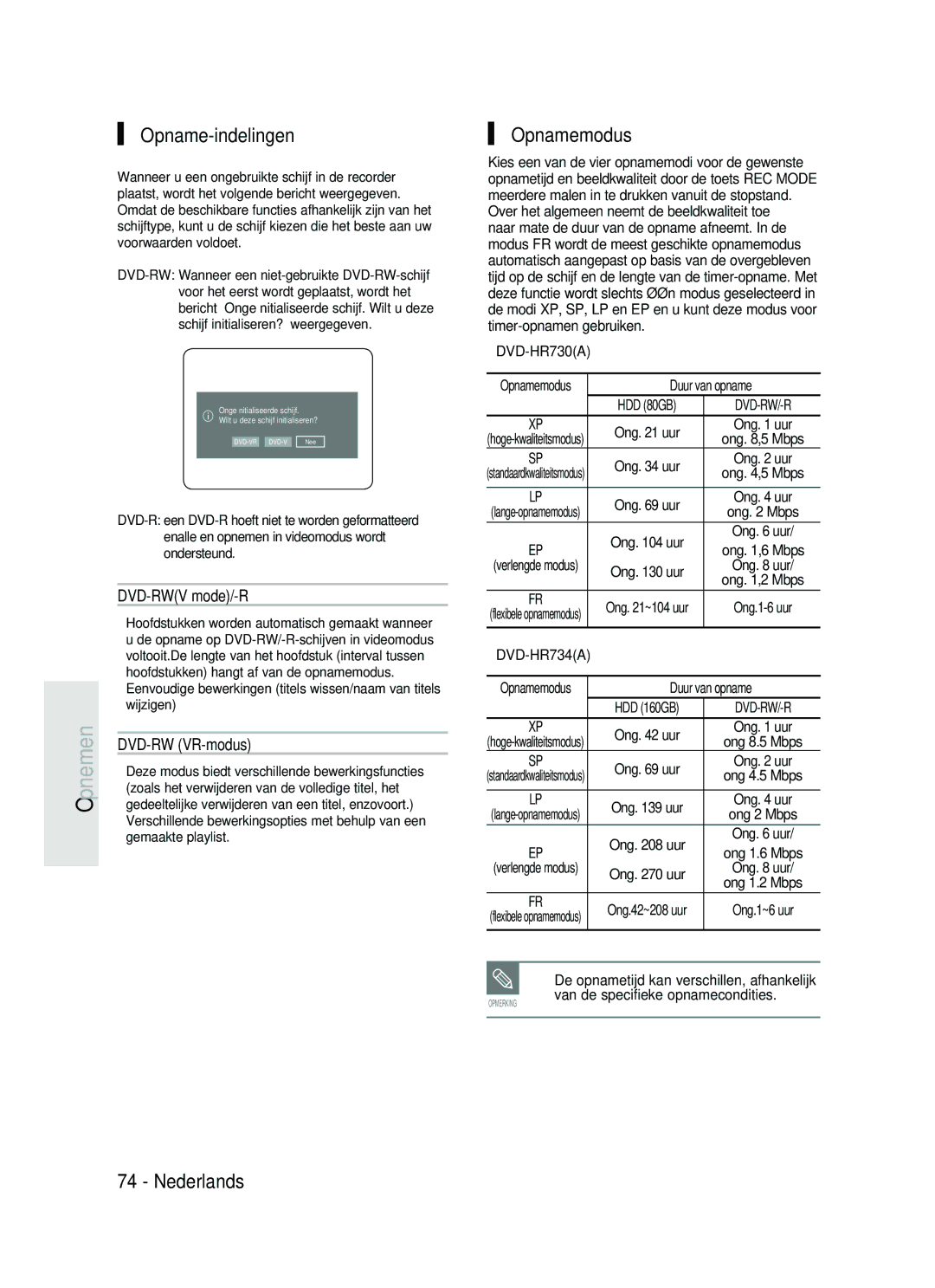 Samsung DVD-HR734A/XEG, DVD-HR730A/XEB manual Opname-indelingen, Opnamemodus, DVD-RW VR-modus 