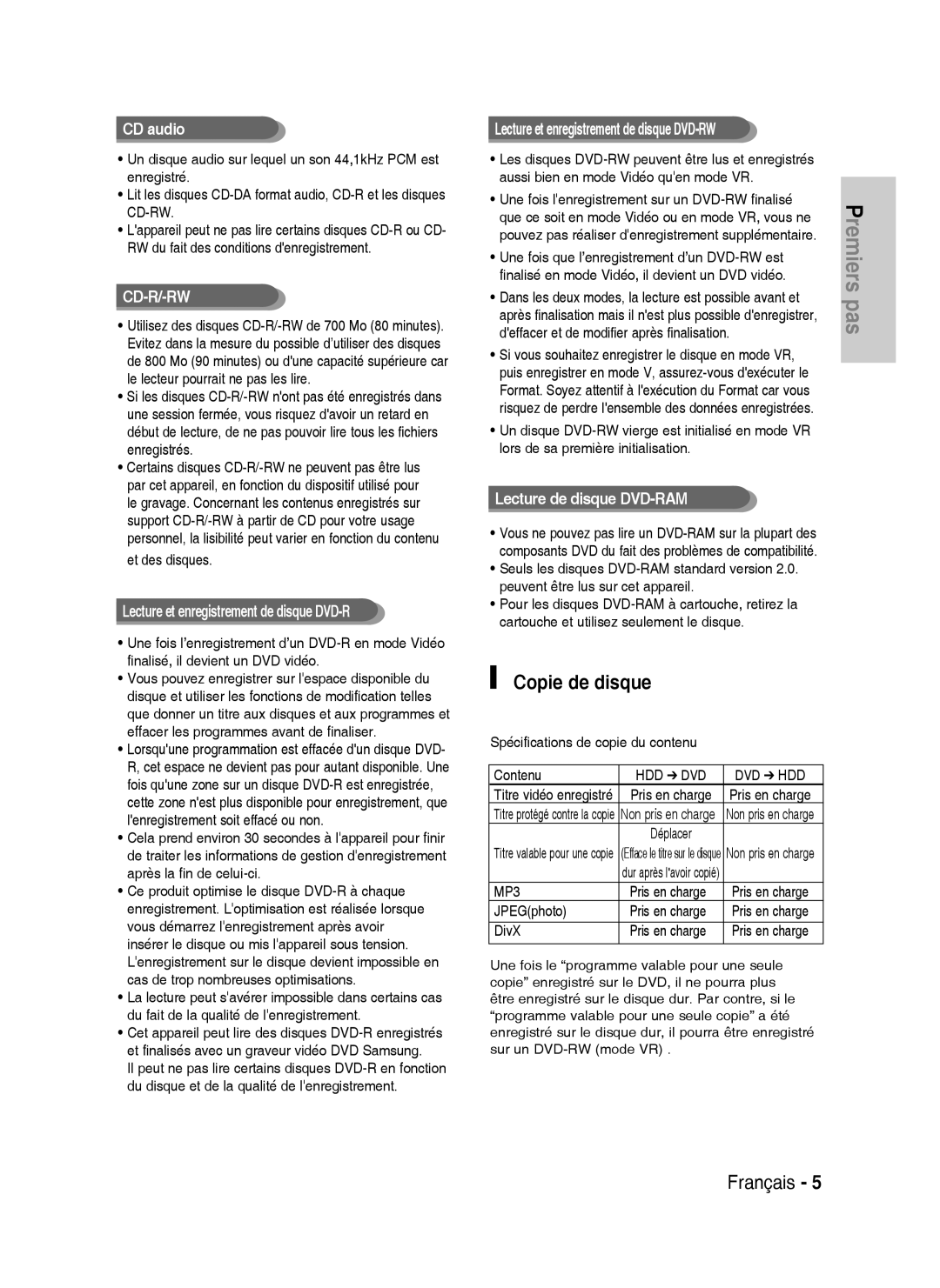 Samsung DVD-HR734A/XEG Copie de disque, CD audio, Lecture de disque DVD-RAM, Spécifications de copie du contenu Contenu 