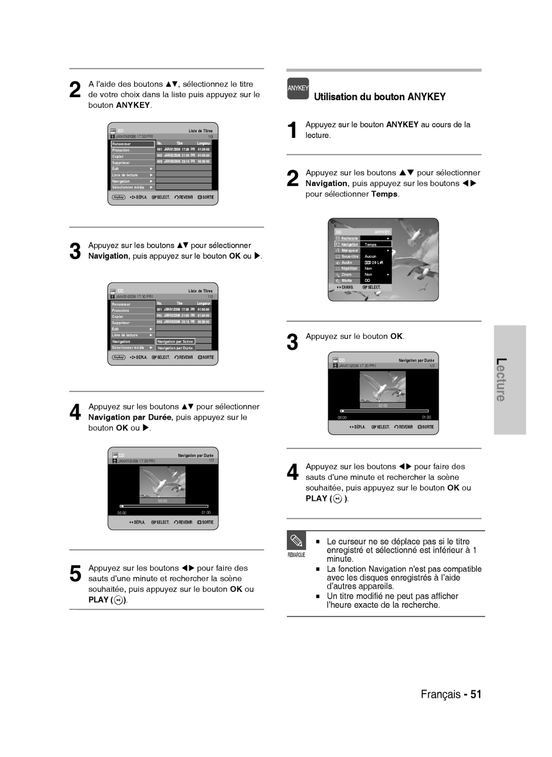 Samsung DVD-HR734A/XEG, DVD-HR730A/XEB manual Appuyez sur les boutons Pour faire des, Navigation par Durée, Aucun Audio 