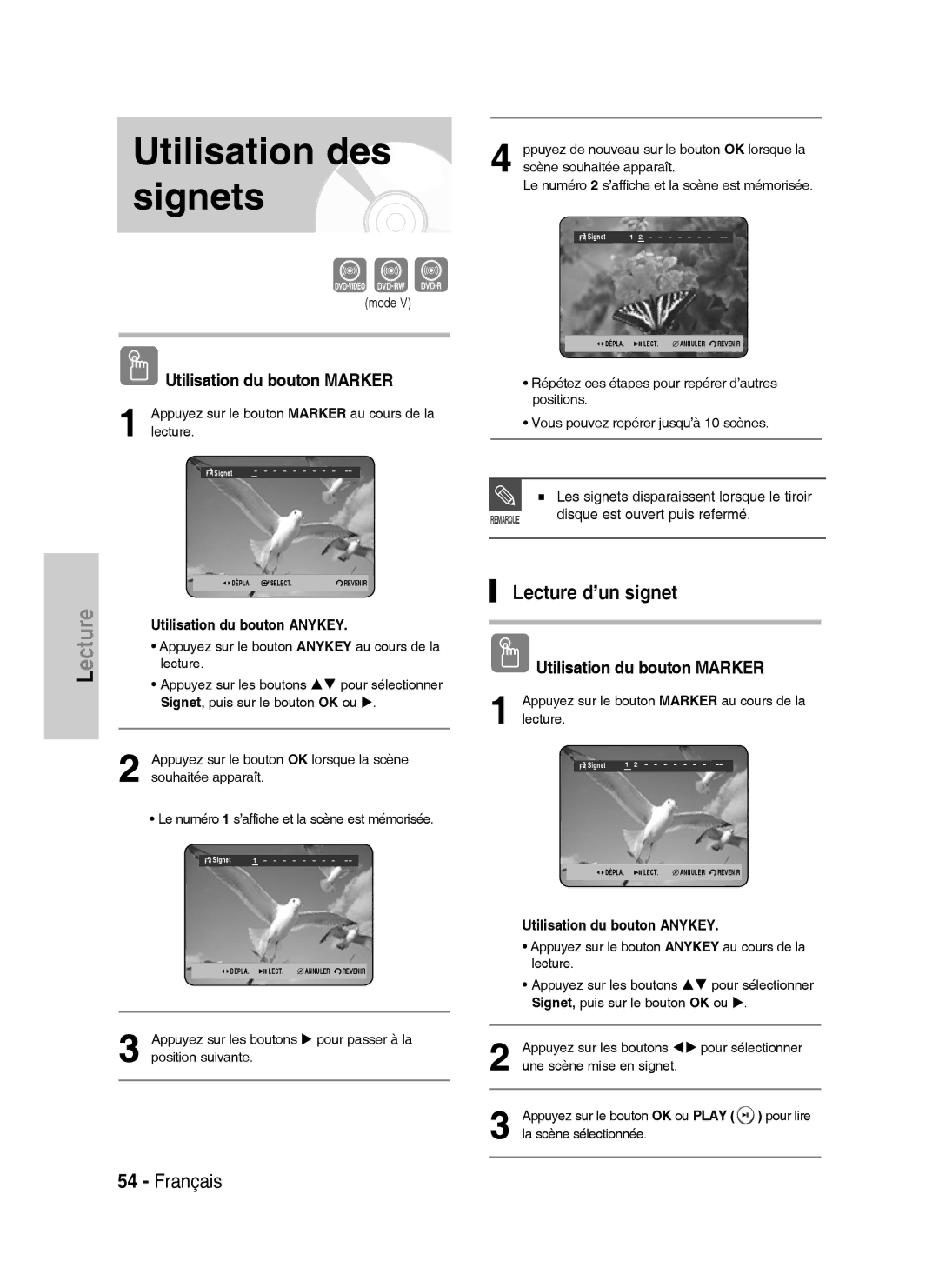 Samsung DVD-HR730A/XEB Lecture d’un signet, Appuyez sur le bouton Anykey au cours de la, La scène sélectionnée, Signet 