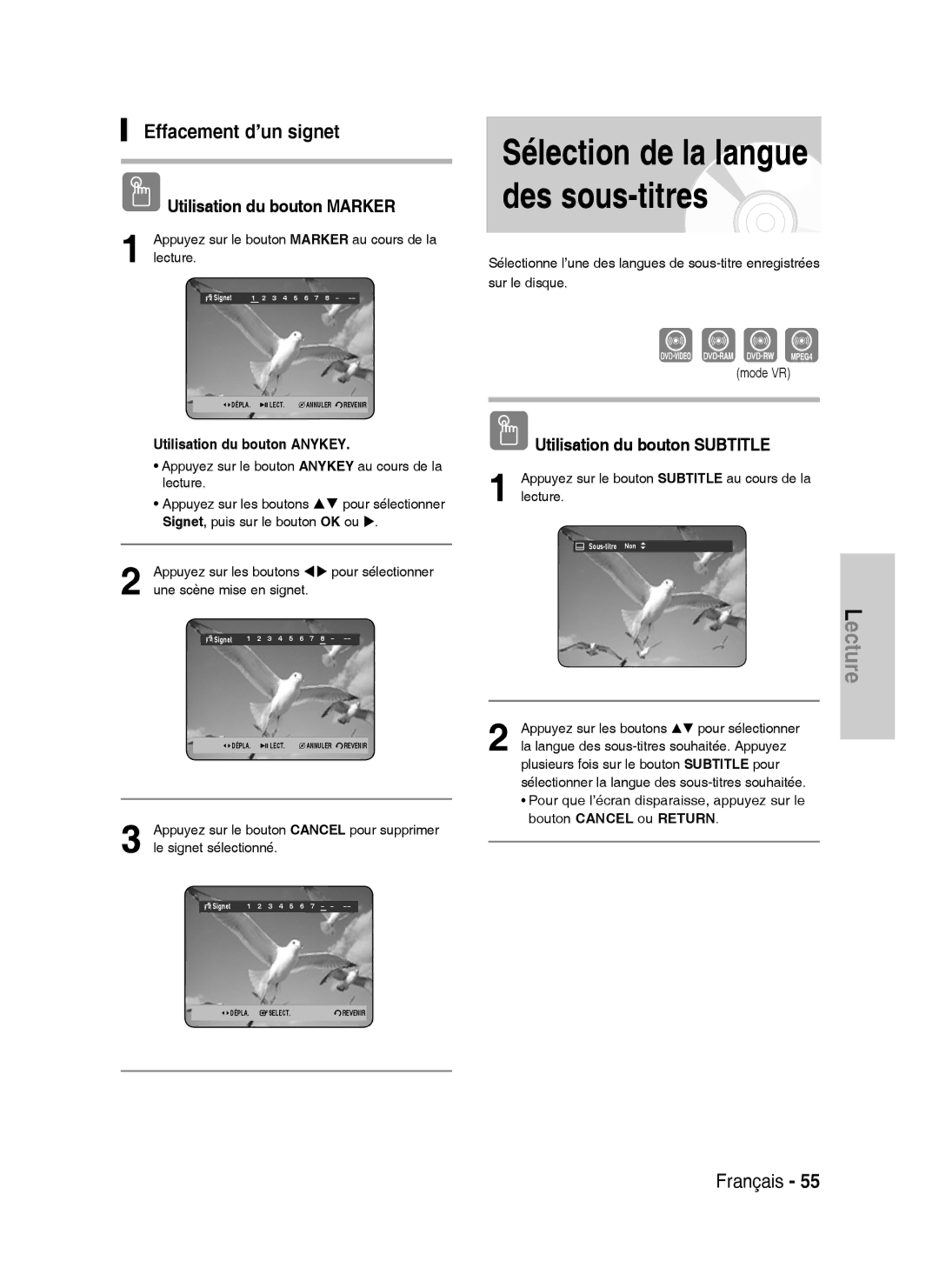 Samsung DVD-HR734A/XEG, DVD-HR730A/XEB manual Effacement d’un signet, Utilisation du bouton Subtitle, Signet 1 2 3 4 5 6 7 