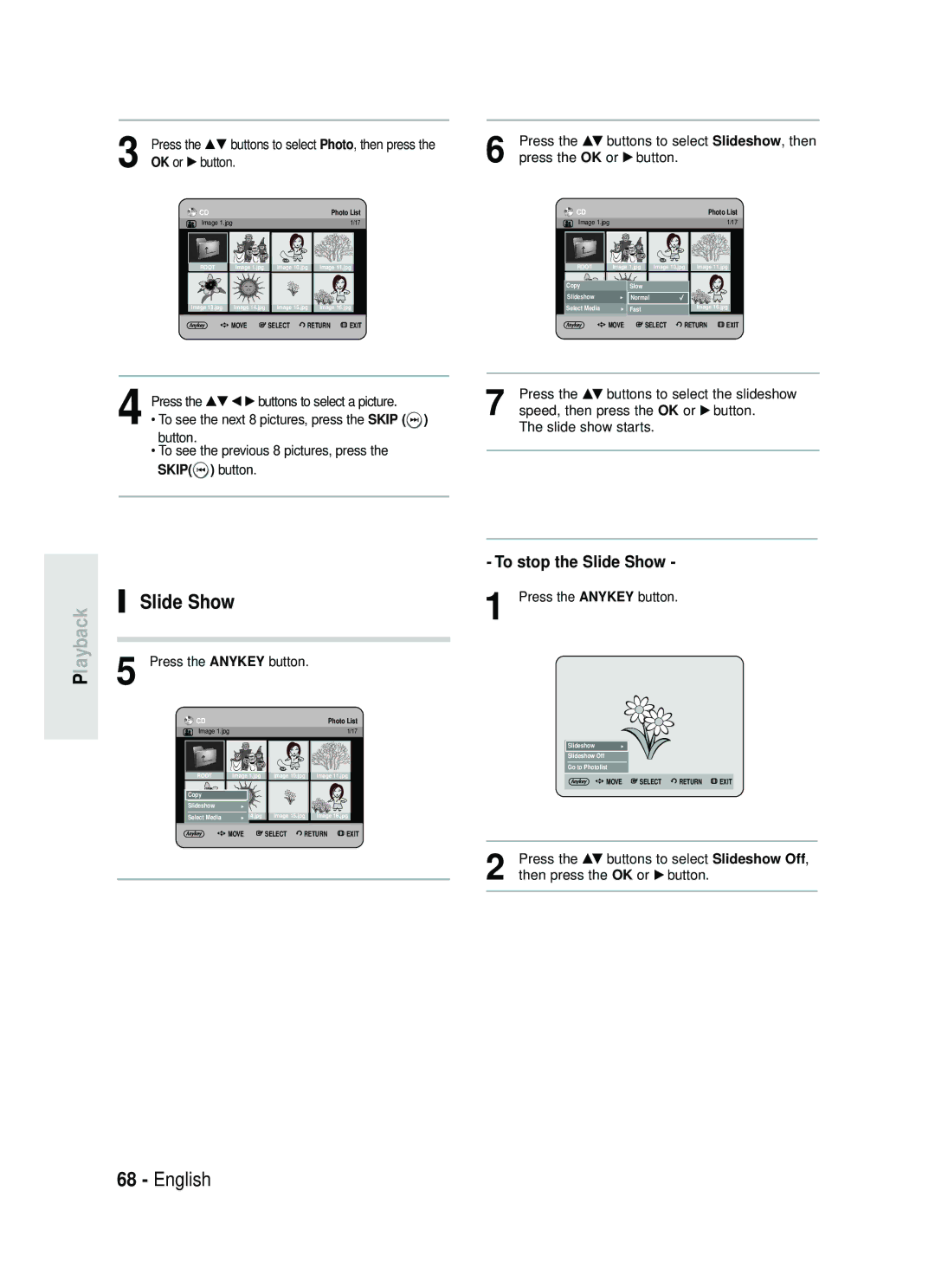 Samsung DVD-HR734A/XEG manual To stop the Slide Show, Press the …† œ √ buttons to select a picture, Photo List 