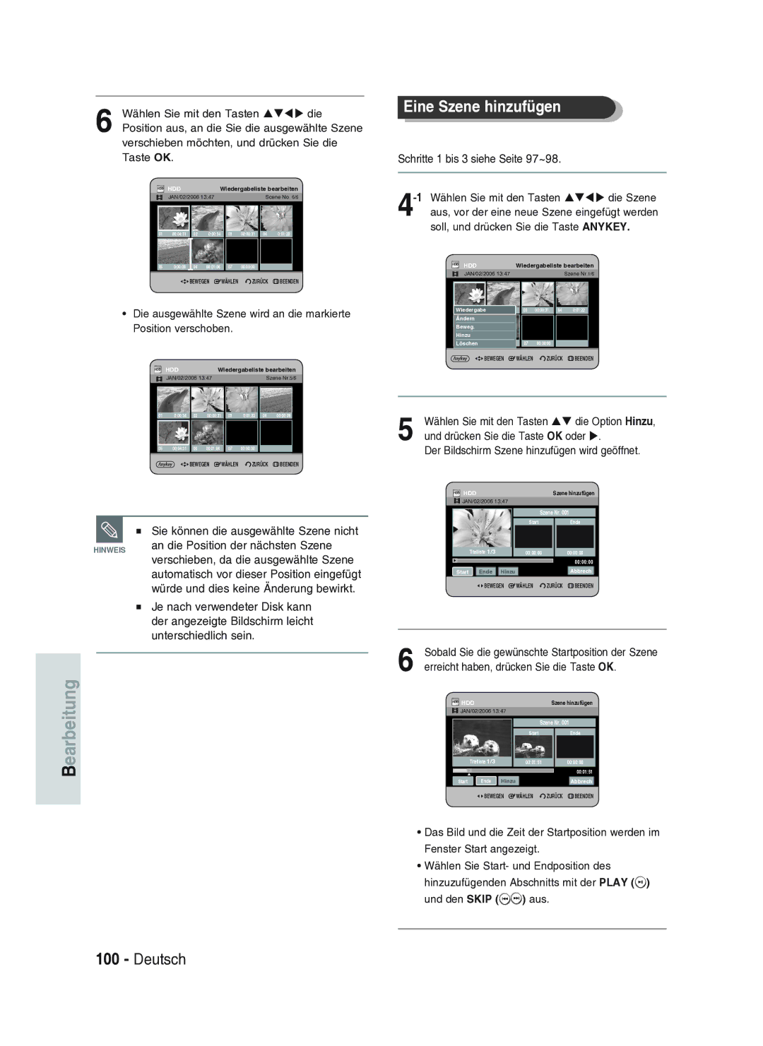 Samsung DVD-HR734A/XEG manual Wählen Sie mit den Tasten Stwx die, Position aus, an die Sie die ausgewählte Szene, Taste OK 