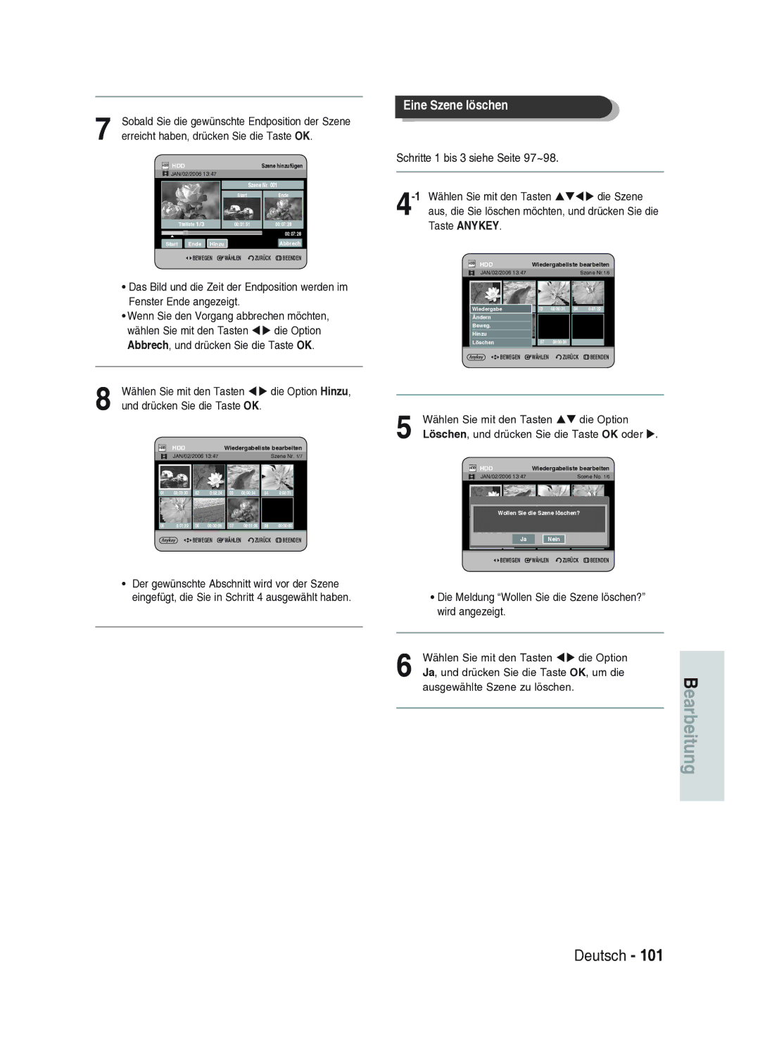 Samsung DVD-HR734A/XEG manual Earbeitung 