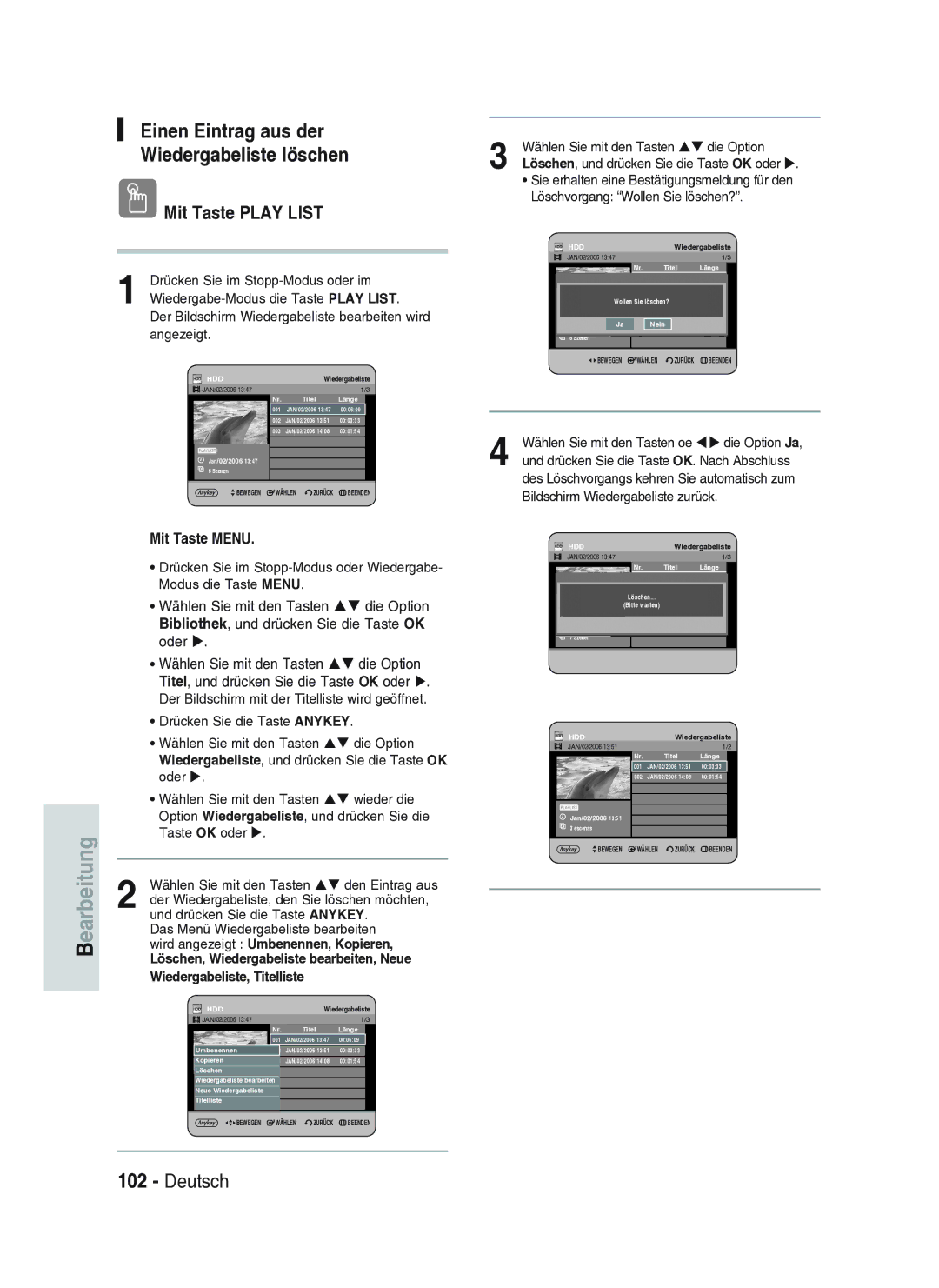 Samsung DVD-HR734A/XEG manual Einen Eintrag aus der Wiedergabeliste löschen, Mit Taste Play List 