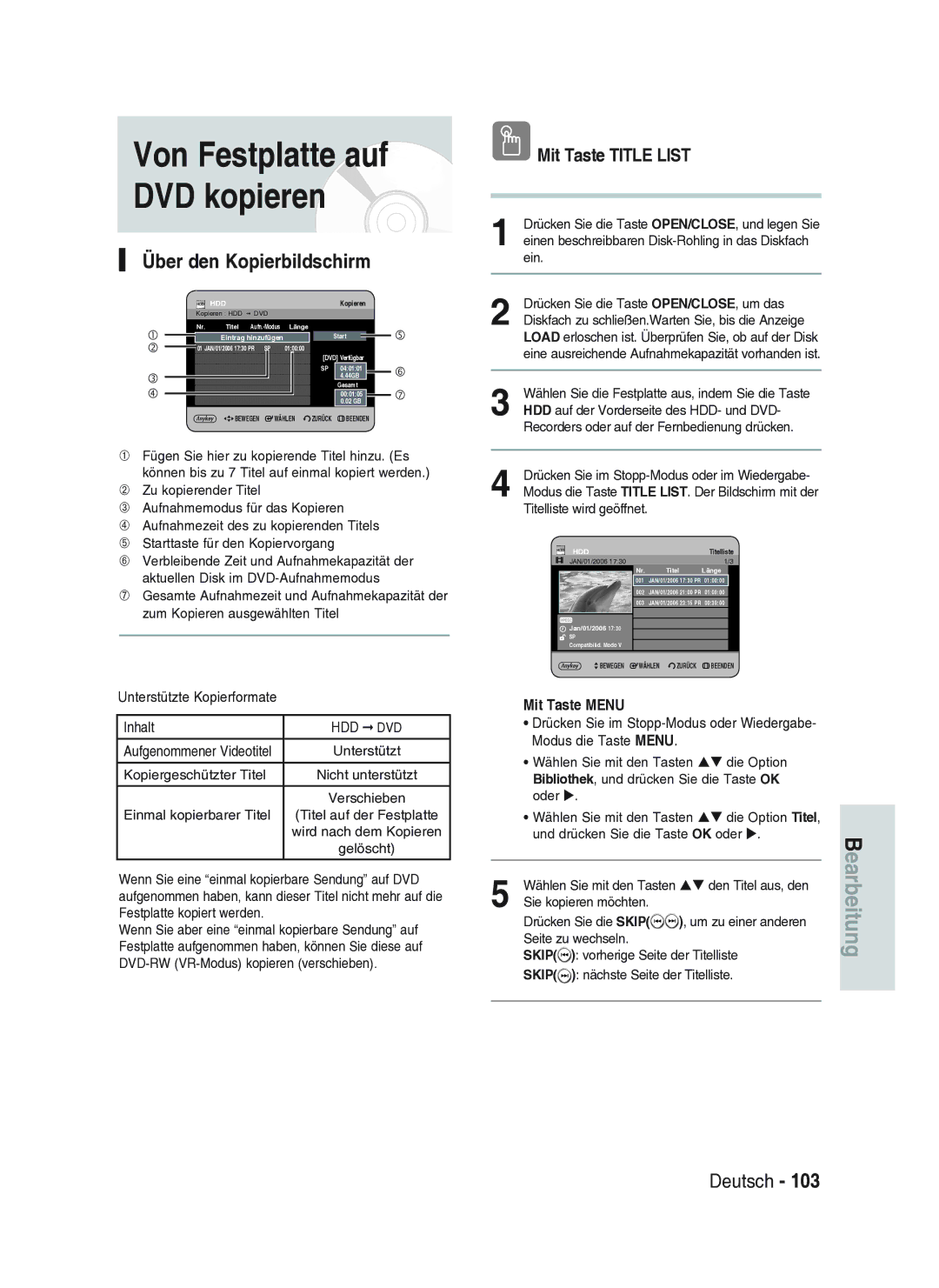 Samsung DVD-HR734A/XEG manual Von Festplatte auf DVD kopieren, Über den Kopierbildschirm 