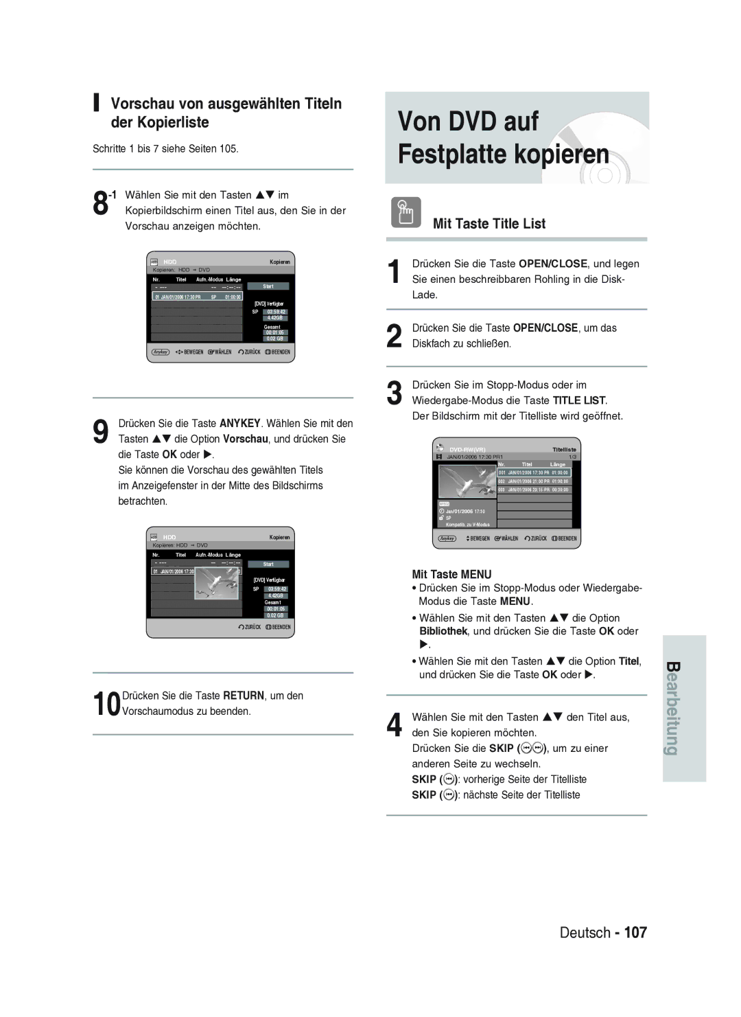 Samsung DVD-HR734A/XEG manual Vorschau von ausgewählten Titeln der Kopierliste, Wählen Sie mit den Tasten ST den Titel aus 