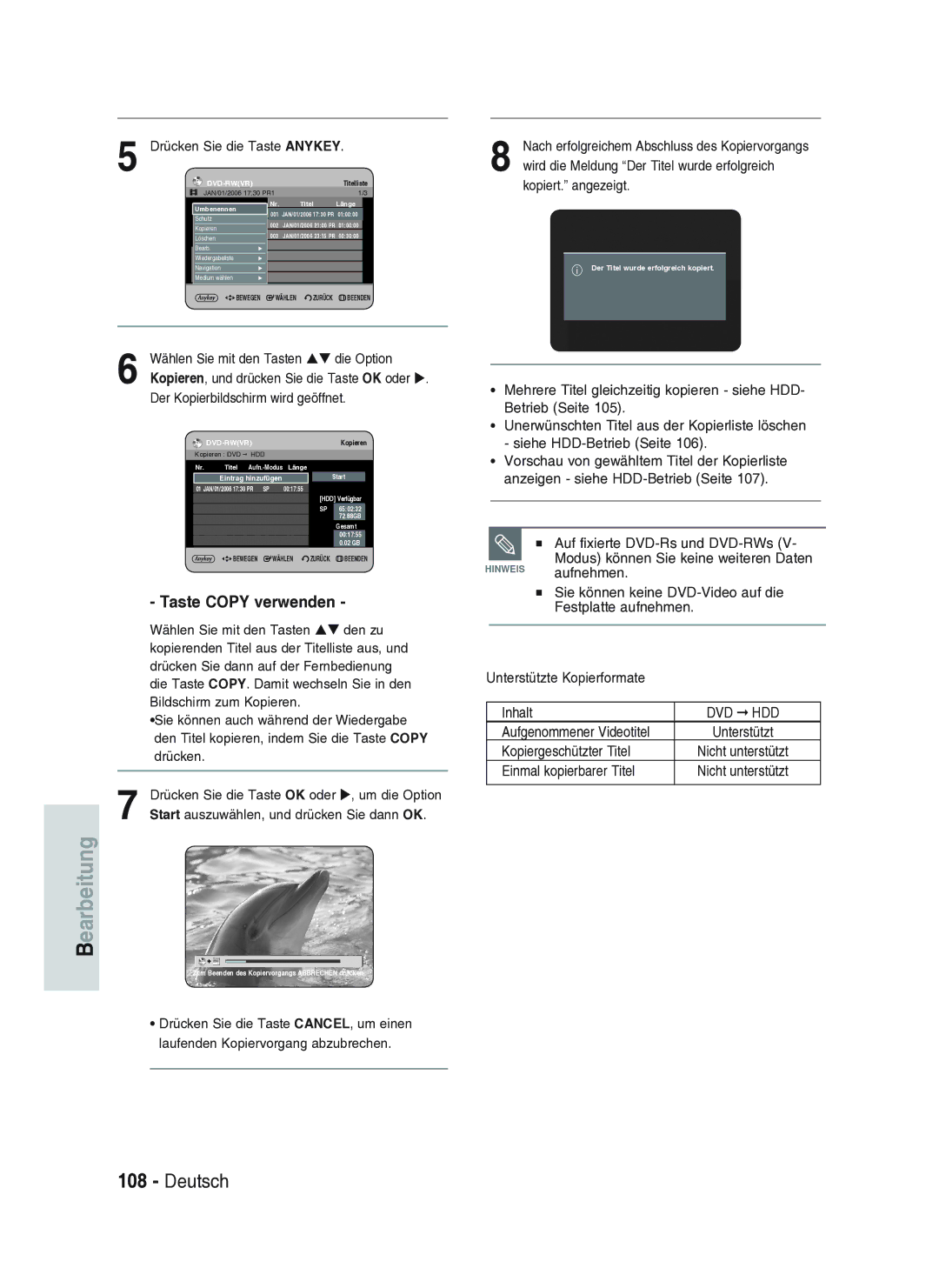 Samsung DVD-HR734A/XEG manual Taste Copy verwenden 