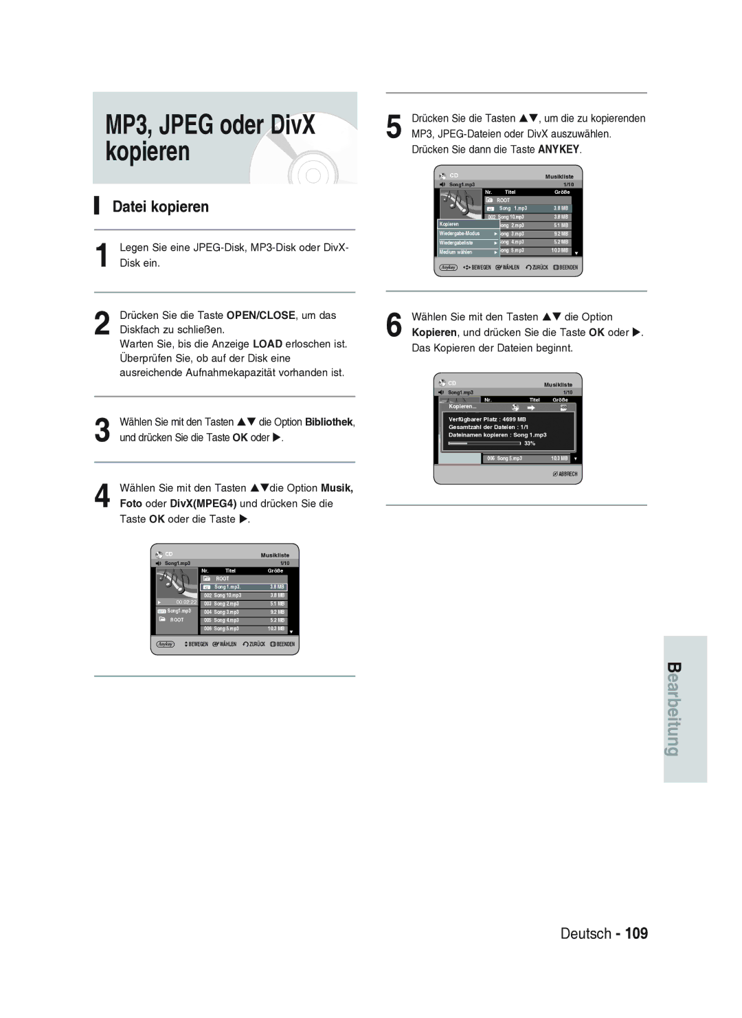 Samsung DVD-HR734A/XEG manual MP3, Jpeg oder DivX kopieren, Datei kopieren 