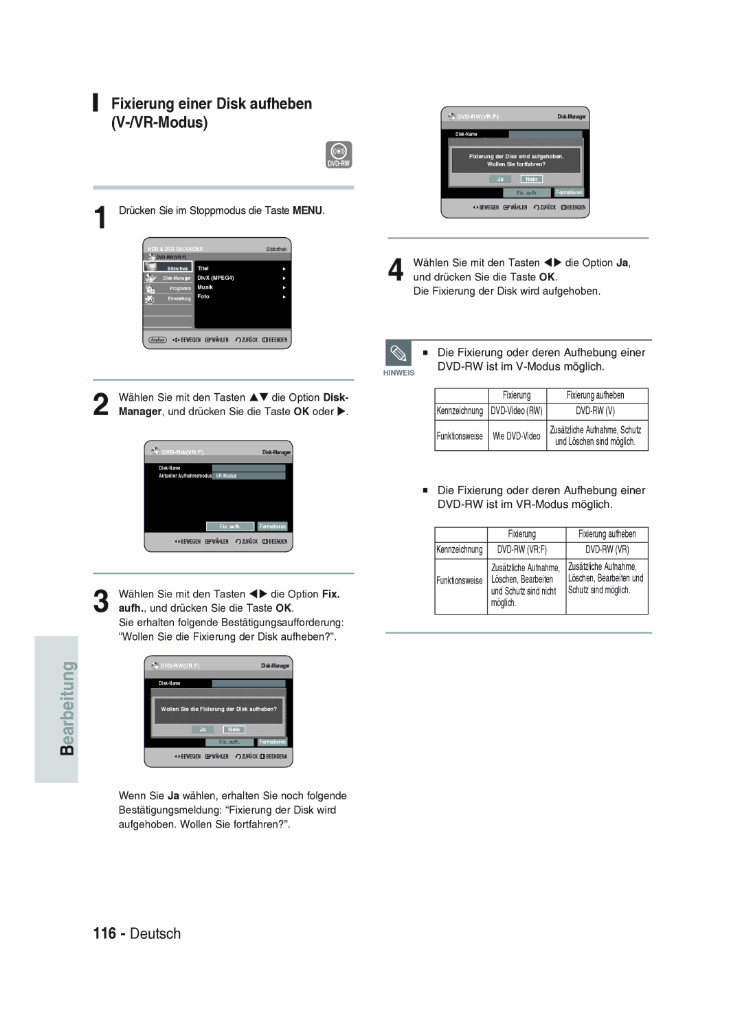 Samsung DVD-HR734A/XEG manual Fixierung einer Disk aufheben V-/VR-Modus, DVD-RW ist im V-Modus möglich 