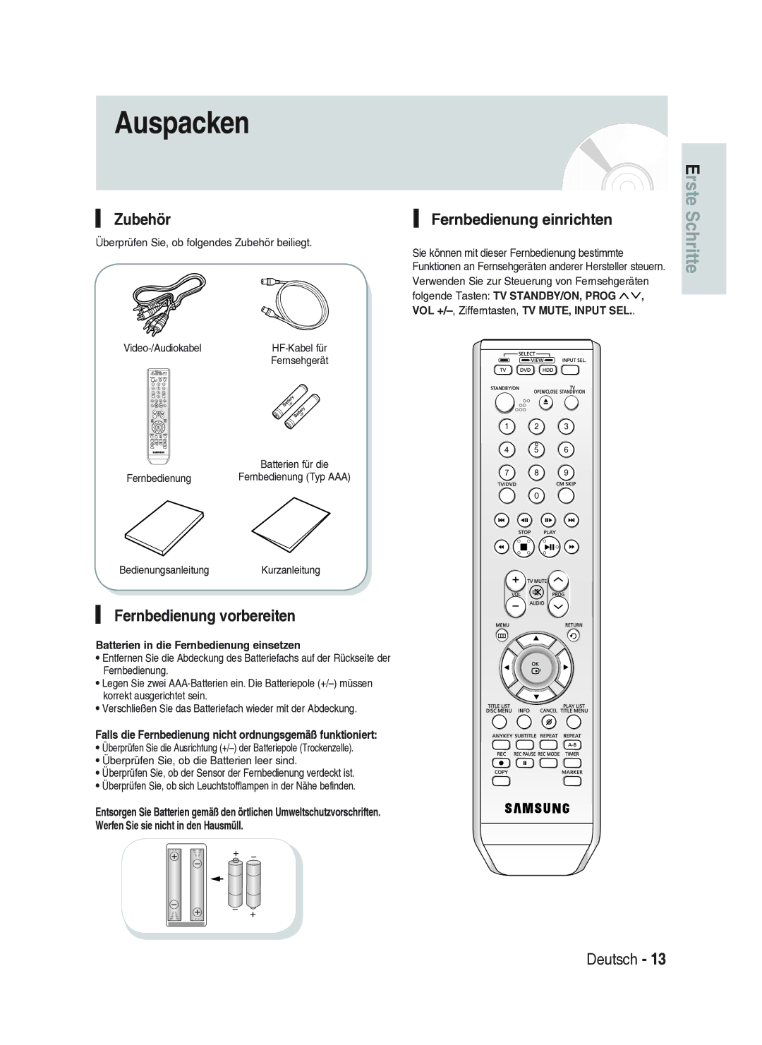 Samsung DVD-HR734A/XEG manual Zubehör Fernbedienung einrichten, Fernbedienung vorbereiten 