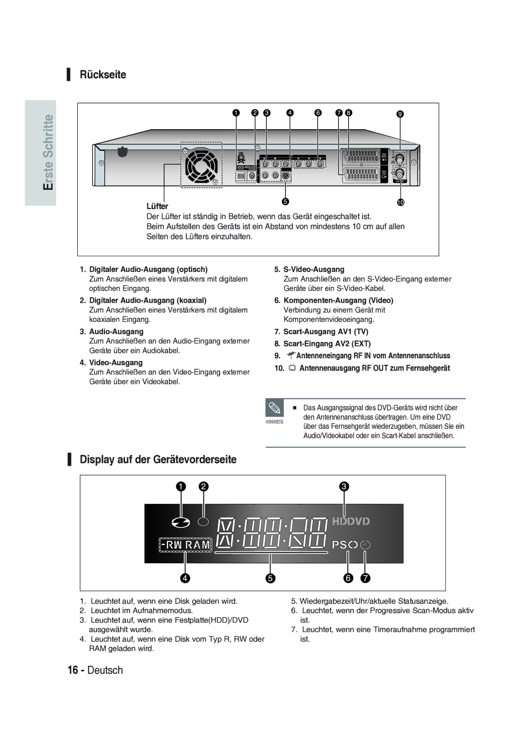 Samsung DVD-HR734A/XEG manual Rückseite, Display auf der Gerätevorderseite 