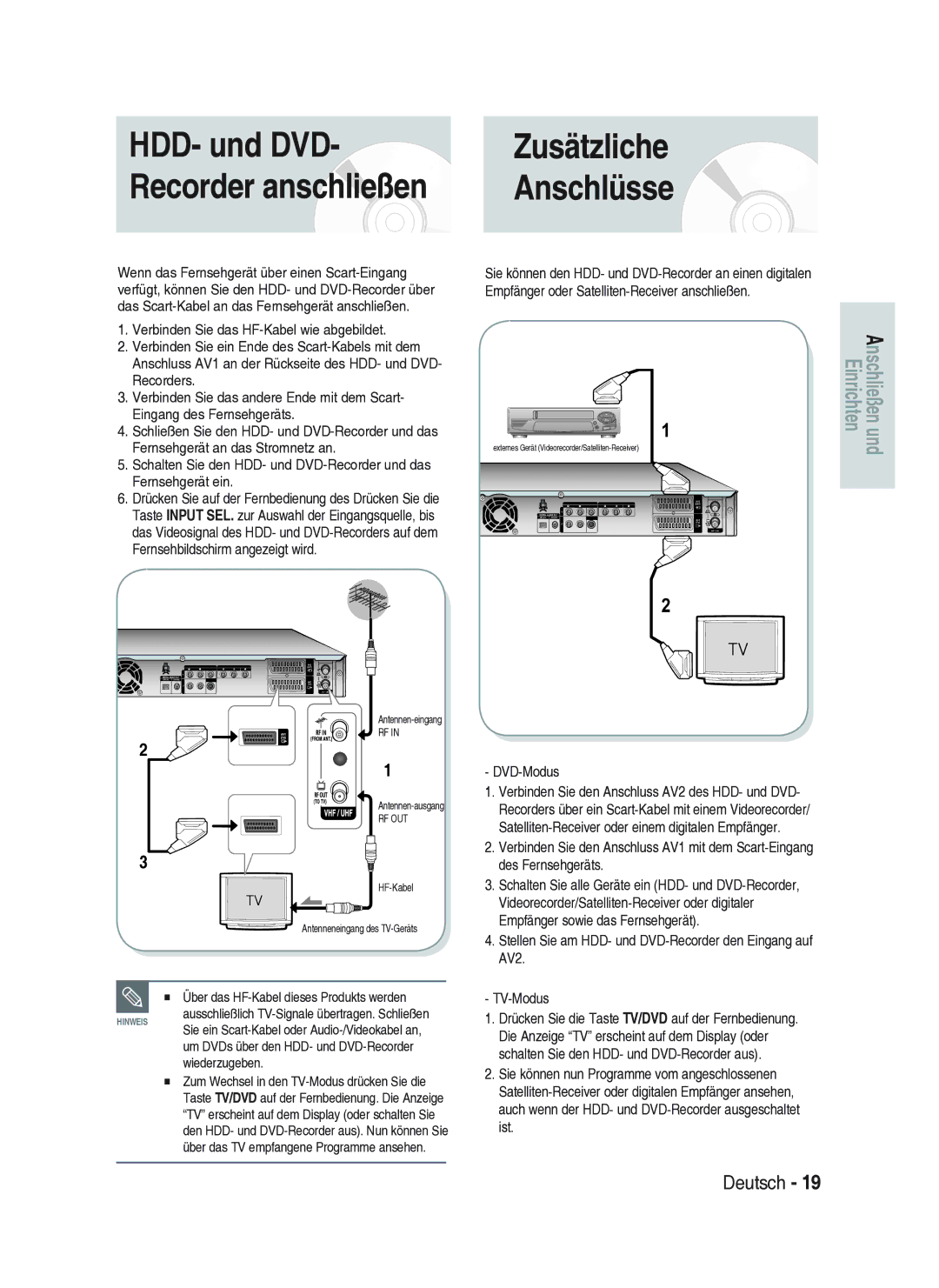 Samsung DVD-HR734A/XEG manual Recorder anschließen, DVD-Modus 