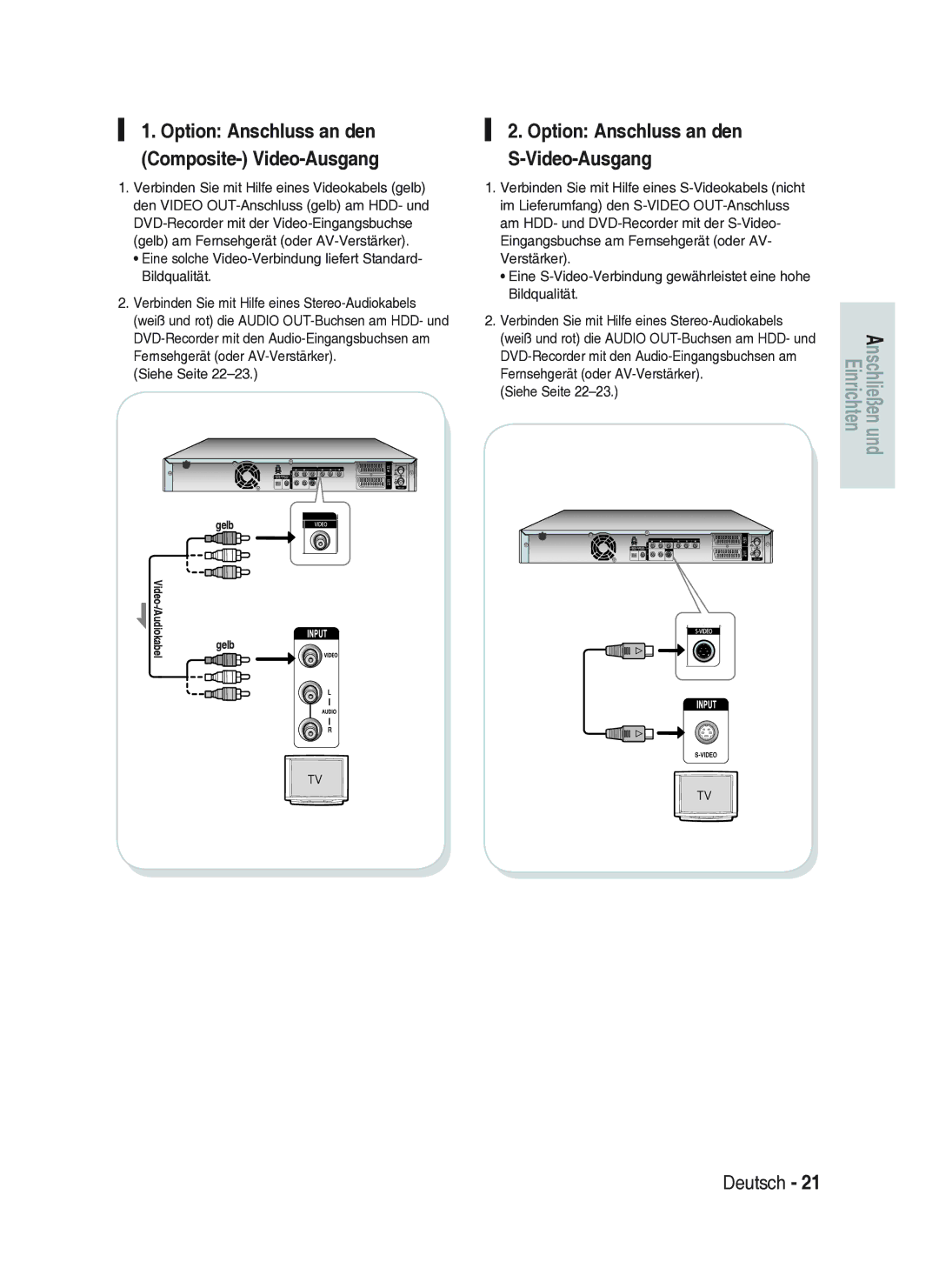 Samsung DVD-HR734A/XEG manual Option Anschluss an den S-Video-Ausgang, Option Anschluss an den Composite- Video-Ausgang 