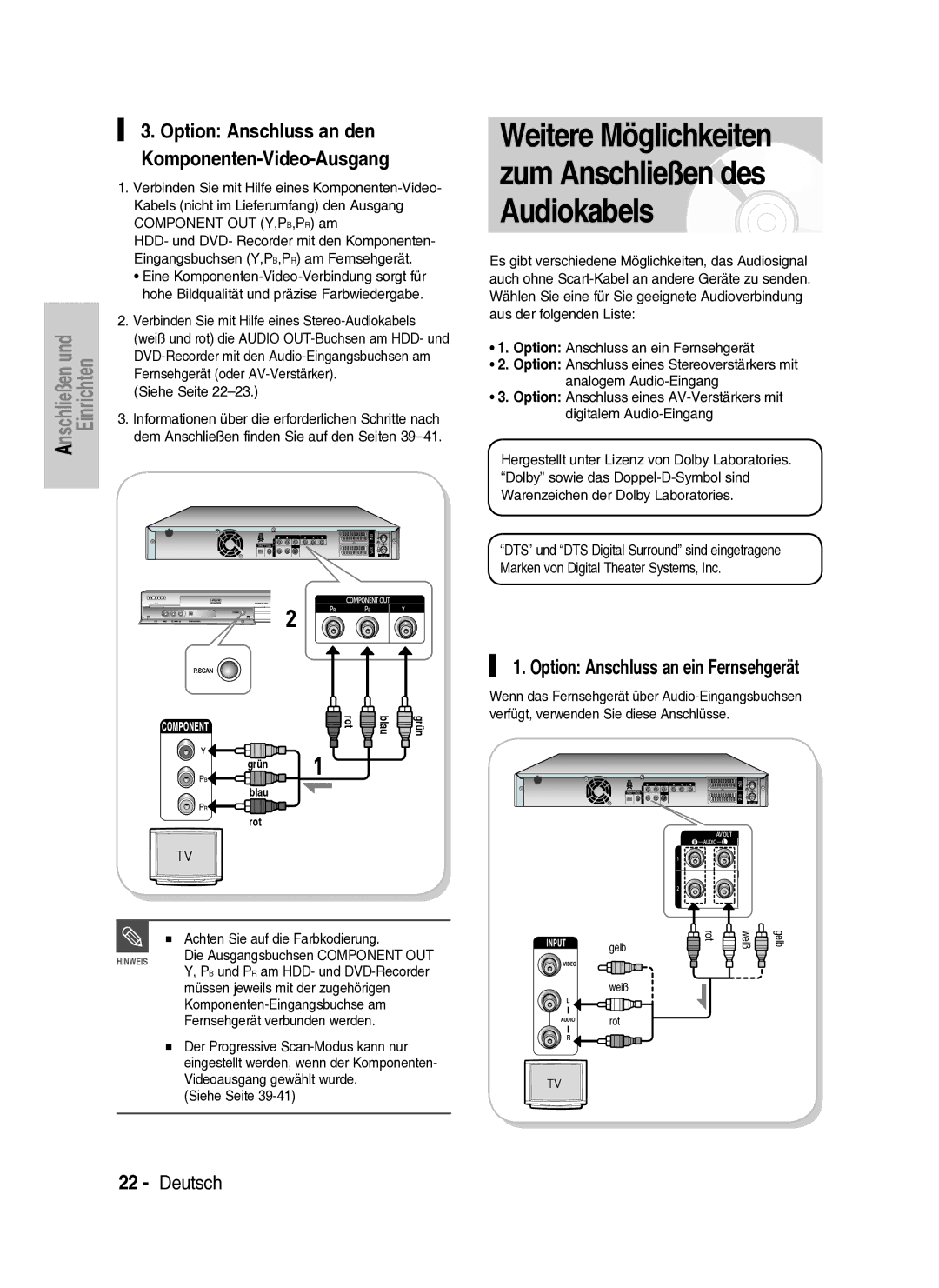 Samsung DVD-HR734A/XEG manual Weitere Möglichkeiten zum Anschließen des Audiokabels, Option Anschluss an ein Fernsehgerät 