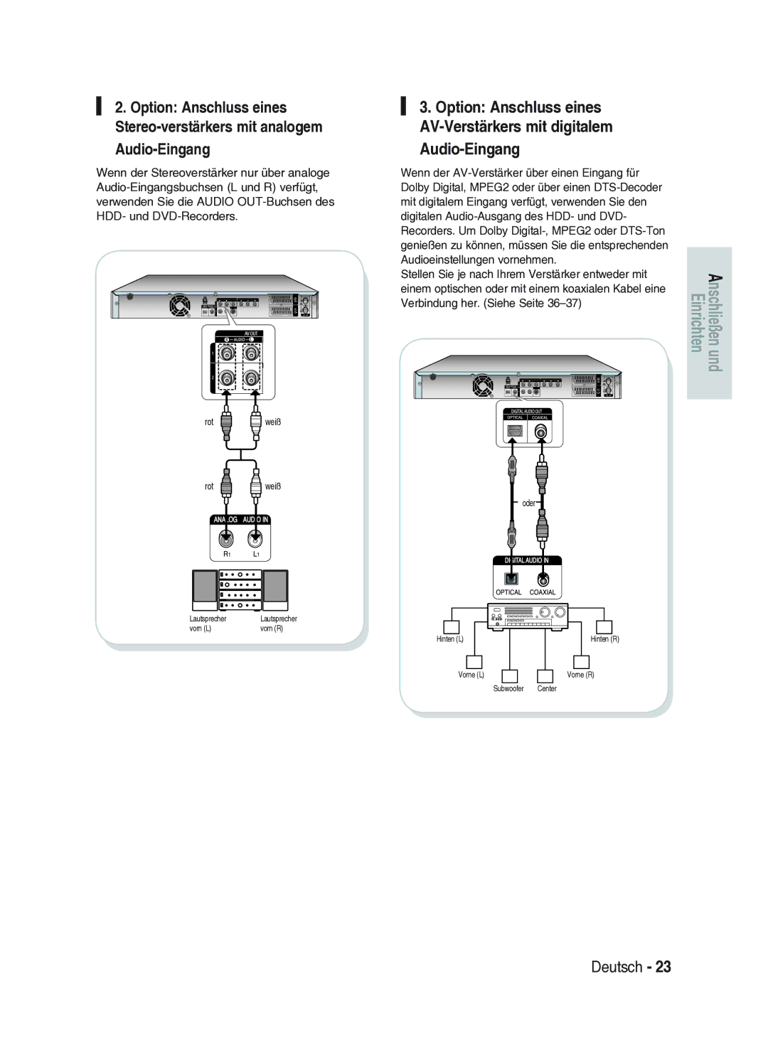 Samsung DVD-HR734A/XEG Audio-Eingang, Option Anschluss eines Stereo-verstärkers mit analogem, Verbindung her. Siehe Seite 