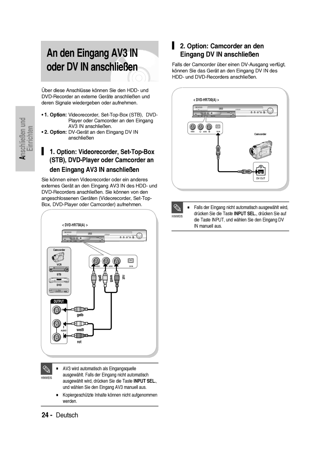 Samsung DVD-HR734A/XEG manual STB, DVD-Player oder Camcorder an, Den Eingang AV3 in anschließen 