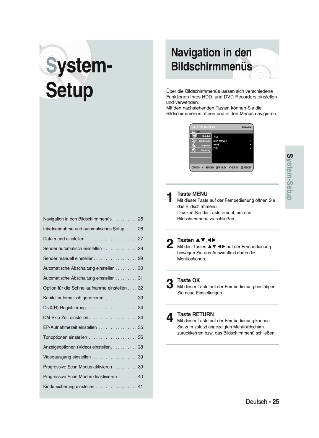 Samsung DVD-HR734A/XEG manual Taste Menu, Tasten ST,WX, Taste OK, Taste Return 