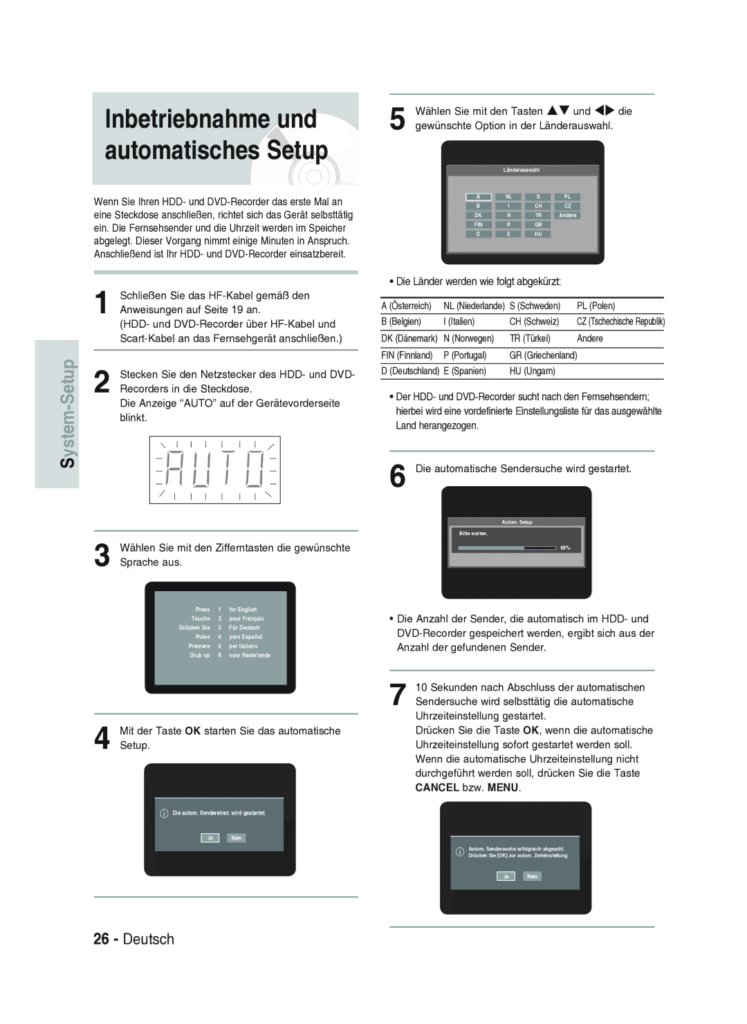 Samsung DVD-HR734A/XEG manual Inbetriebnahme und automatisches Setup, Wählen Sie mit den Zifferntasten die gewünschte 