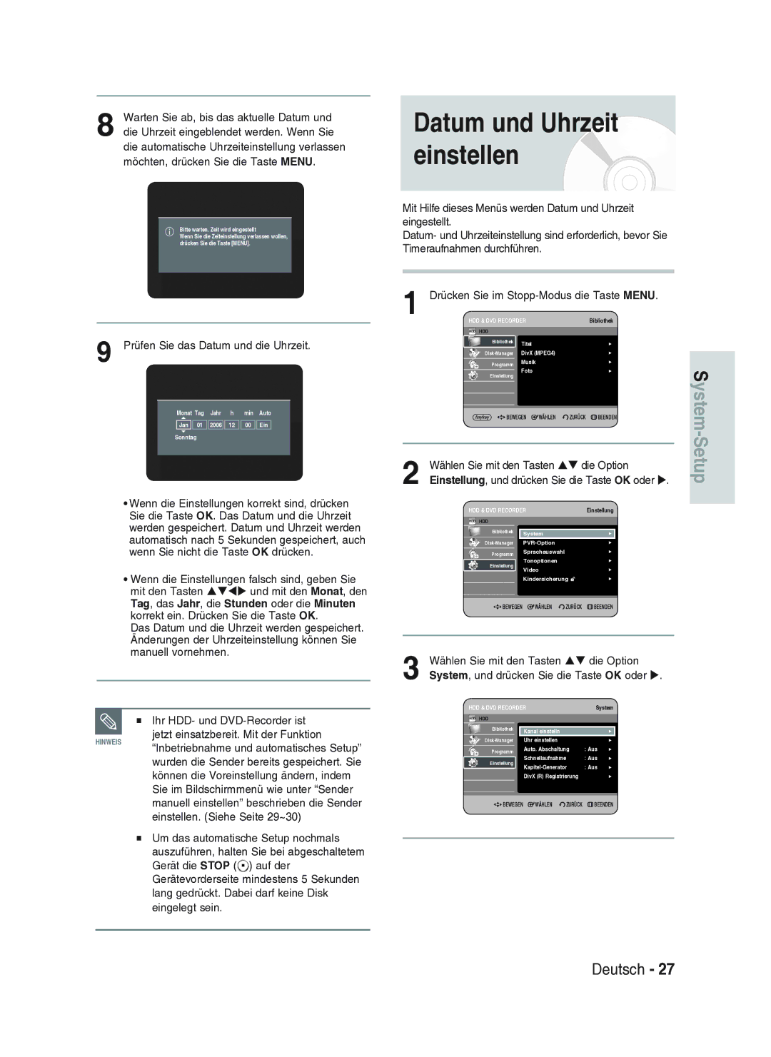 Samsung DVD-HR734A/XEG manual Datum und Uhrzeit einstellen, Wählen Sie mit den Tasten ST die Option 