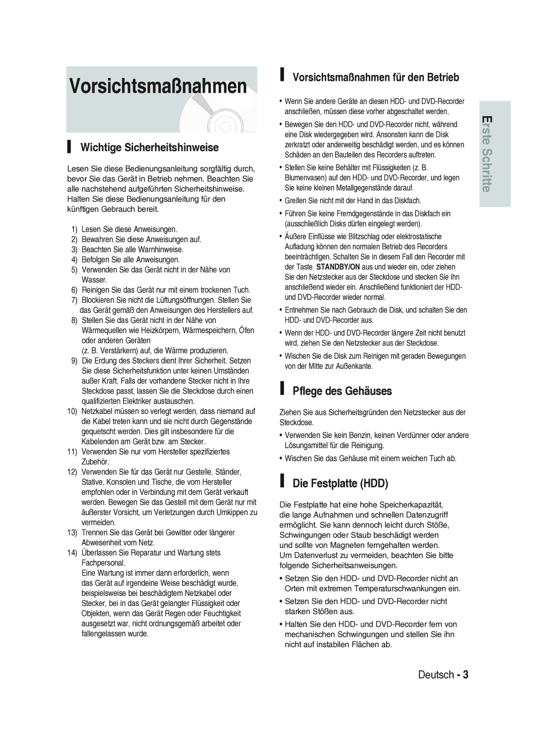 Samsung DVD-HR734A/XEG manual Wichtige Sicherheitshinweise, Vorsichtsmaßnahmen für den Betrieb 