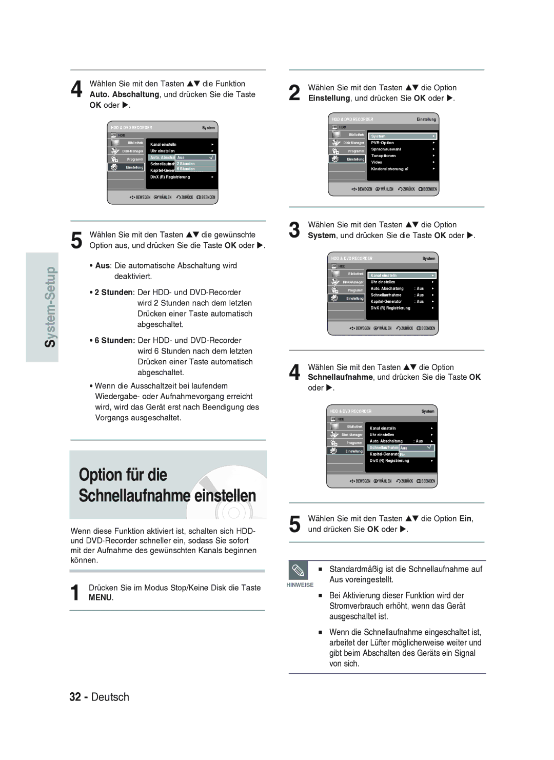 Samsung DVD-HR734A/XEG manual Aus Die automatische Abschaltung wird, Wählen Sie mit den Tasten Die Option, Oder 