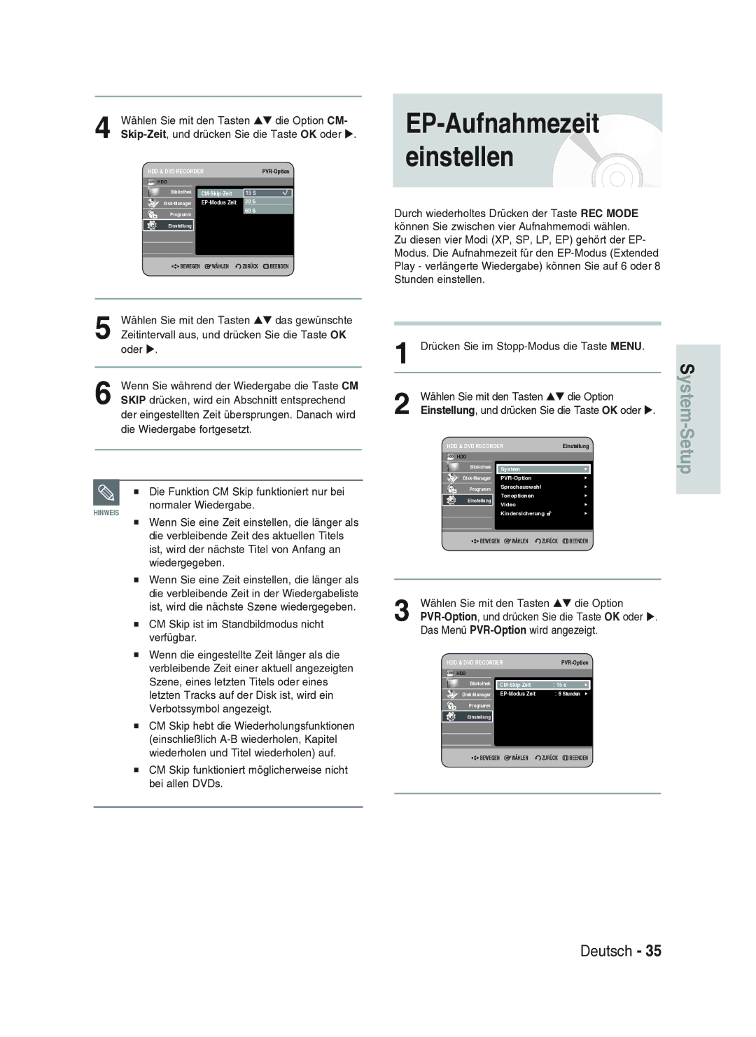 Samsung DVD-HR734A/XEG manual EP-Aufnahmezeit einstellen 