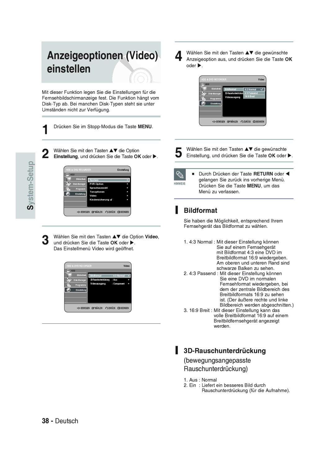 Samsung DVD-HR734A/XEG manual Anzeigeoptionen Video einstellen, Bildformat, 3D-Rauschunterdrückung, Menü zu verlassen 