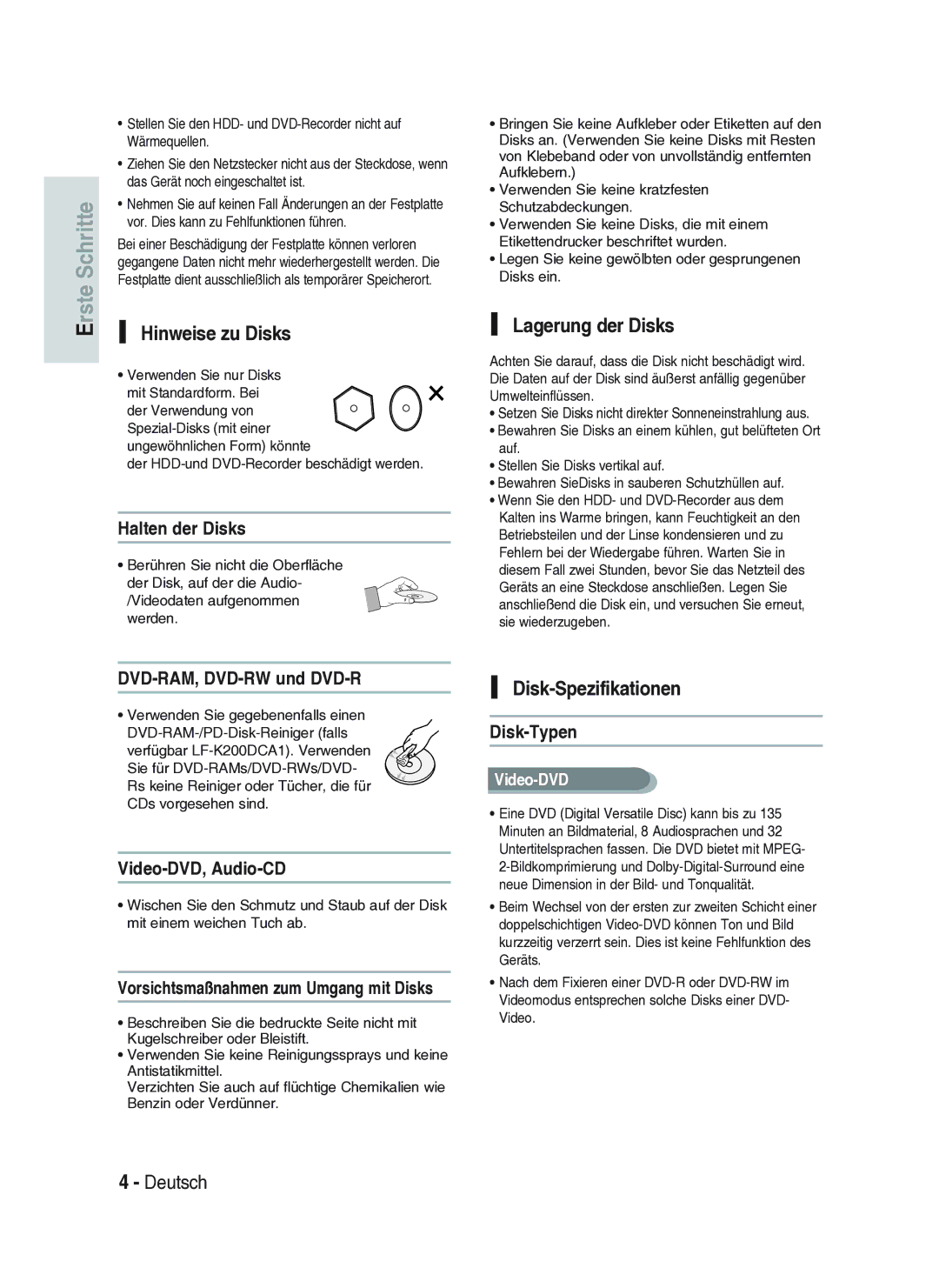 Samsung DVD-HR734A/XEG manual Hinweise zu Disks, Lagerung der Disks, Disk-Spezifikationen 