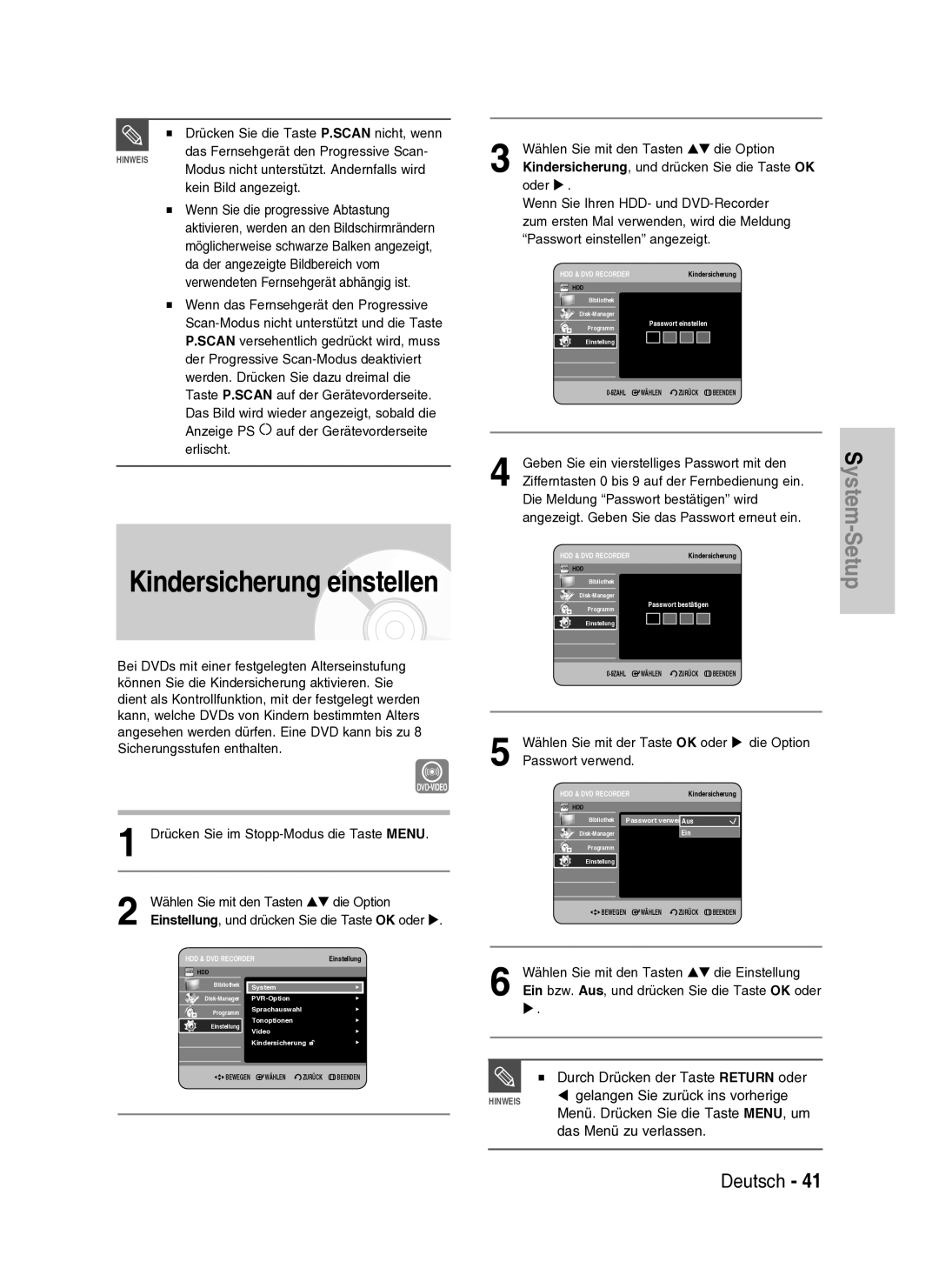 Samsung DVD-HR734A/XEG manual Kindersicherung einstellen, Menü. Drücken Sie die Taste MENU, um 