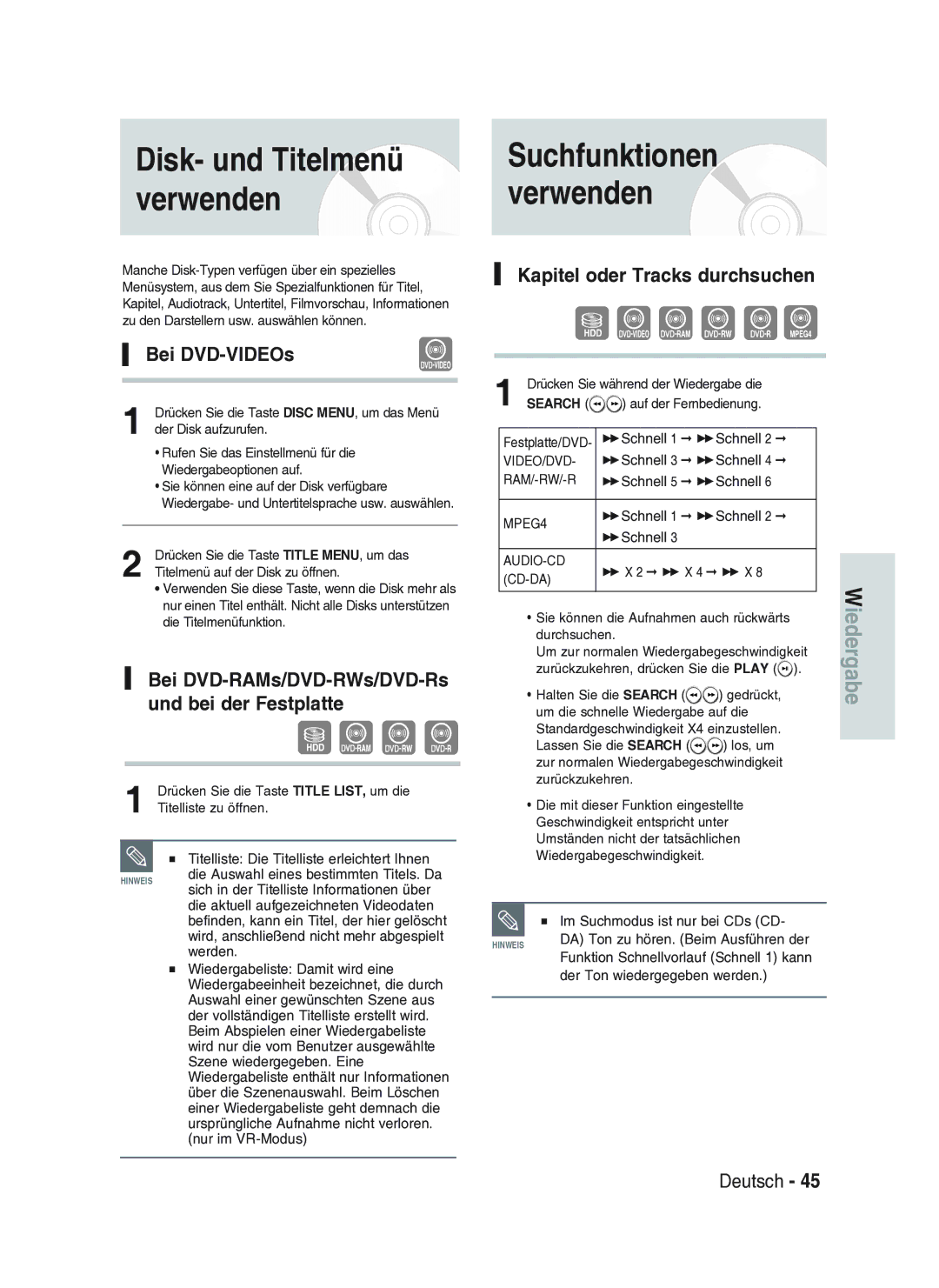 Samsung DVD-HR734A/XEG manual Disk- und Titelmenü verwenden, Suchfunktionen verwenden, Bei DVD-VIDEOs 