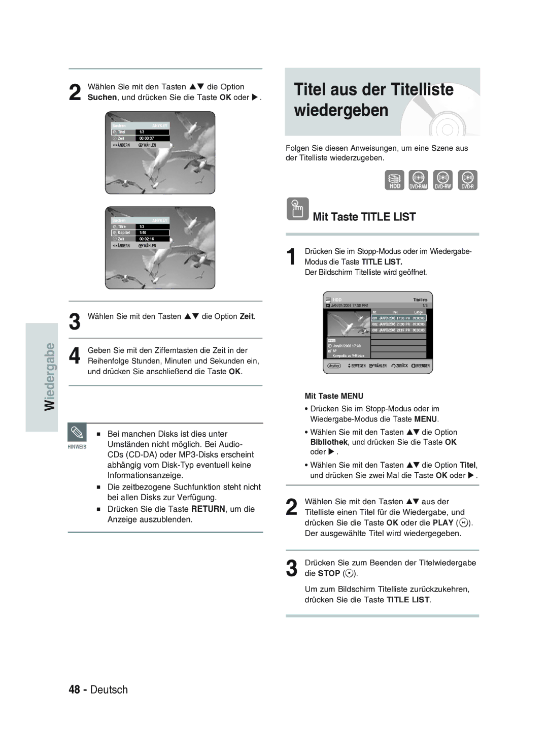 Samsung DVD-HR734A/XEG manual Titel aus der Titelliste wiedergeben, Mit Taste Title List, Bei manchen Disks ist dies unter 