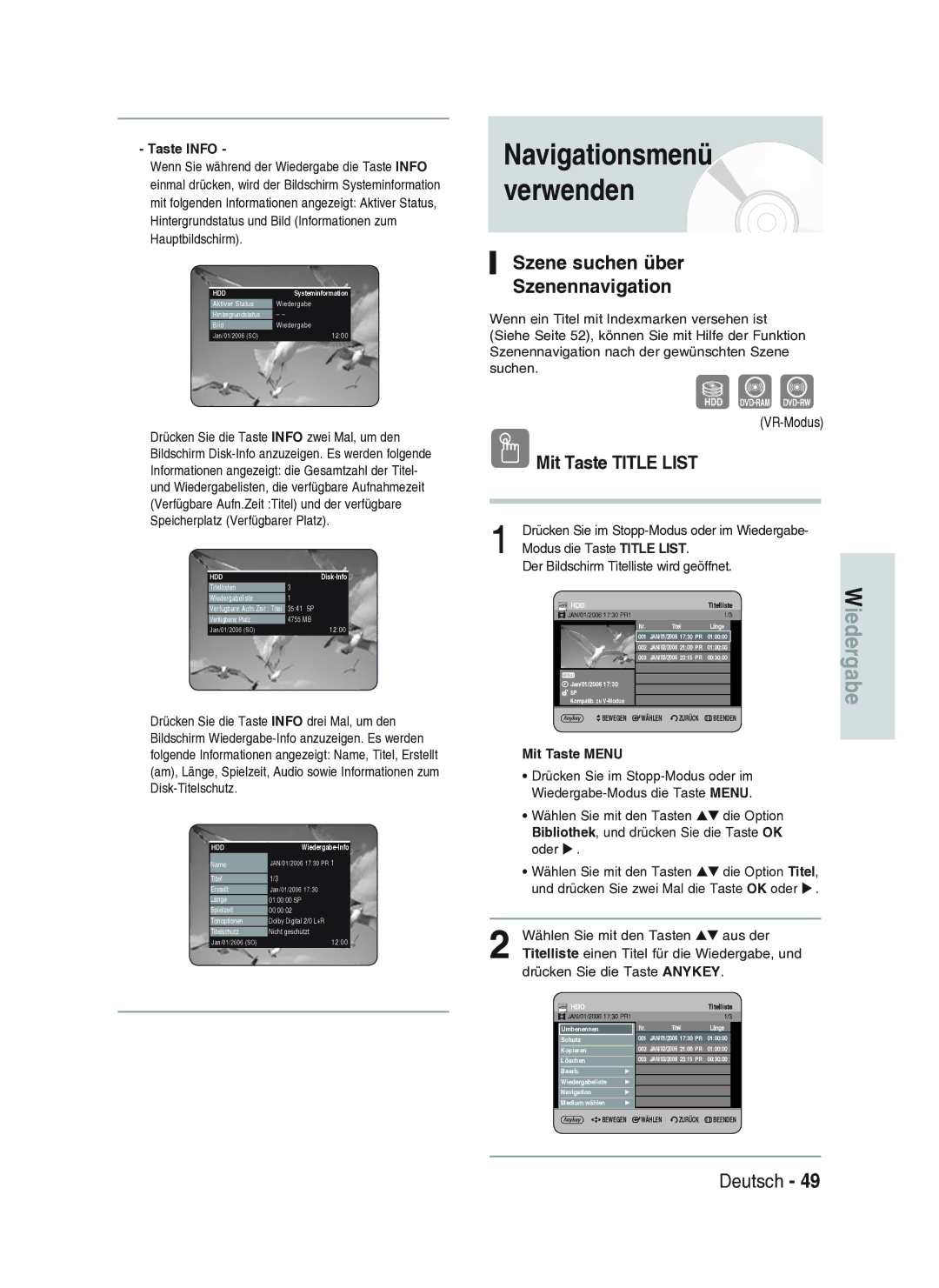 Samsung DVD-HR734A/XEG manual Szene suchen über Szenennavigation, Mit Taste Title List 