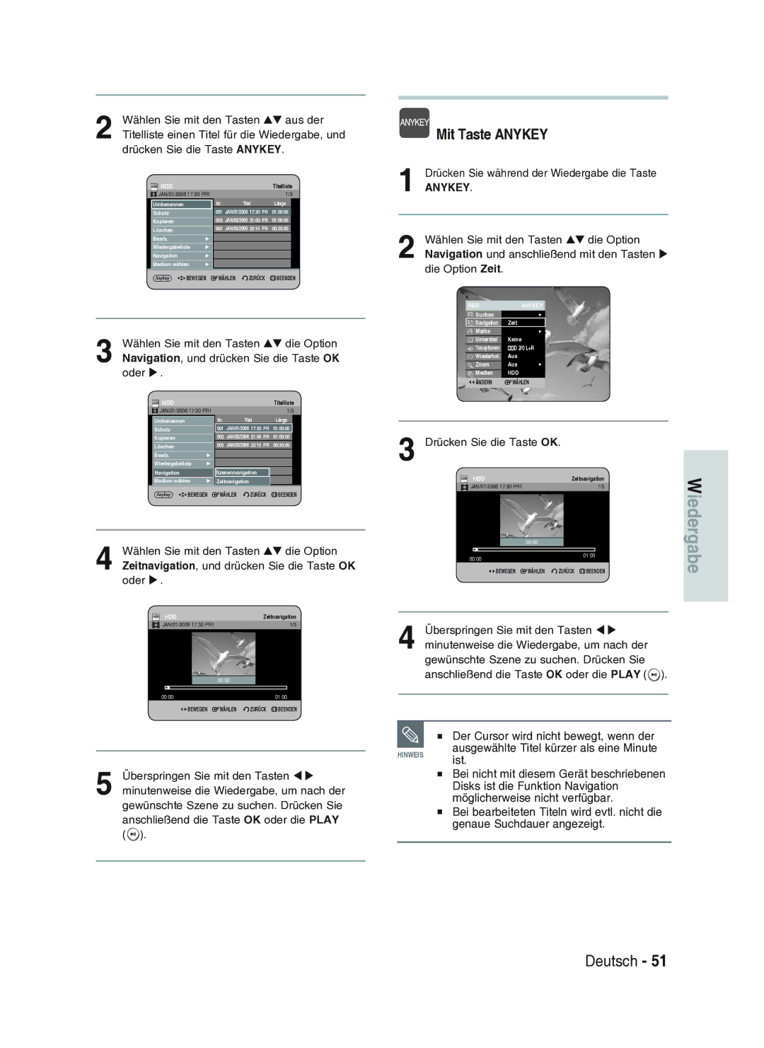 Samsung DVD-HR734A/XEG manual Drücken Sie während der Wiedergabe die Taste, Drücken Sie die Taste OK 