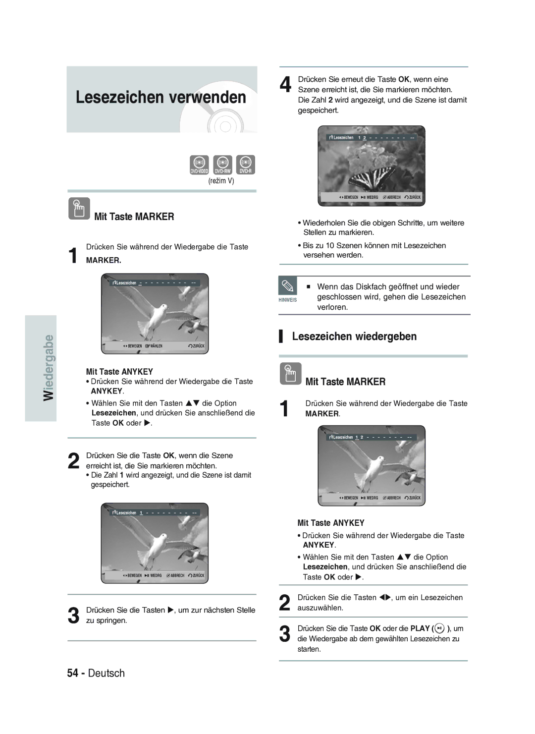 Samsung DVD-HR734A/XEG manual Lesezeichen verwenden, Lesezeichen wiedergeben, Režim 