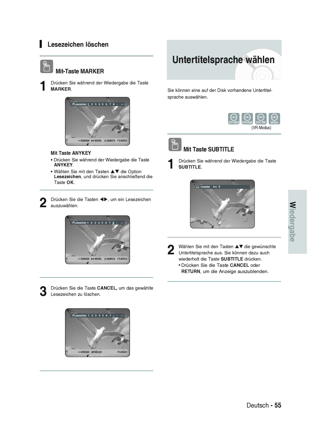 Samsung DVD-HR734A/XEG manual Lesezeichen löschen, Mit-Taste Marker, Mit Taste Subtitle 