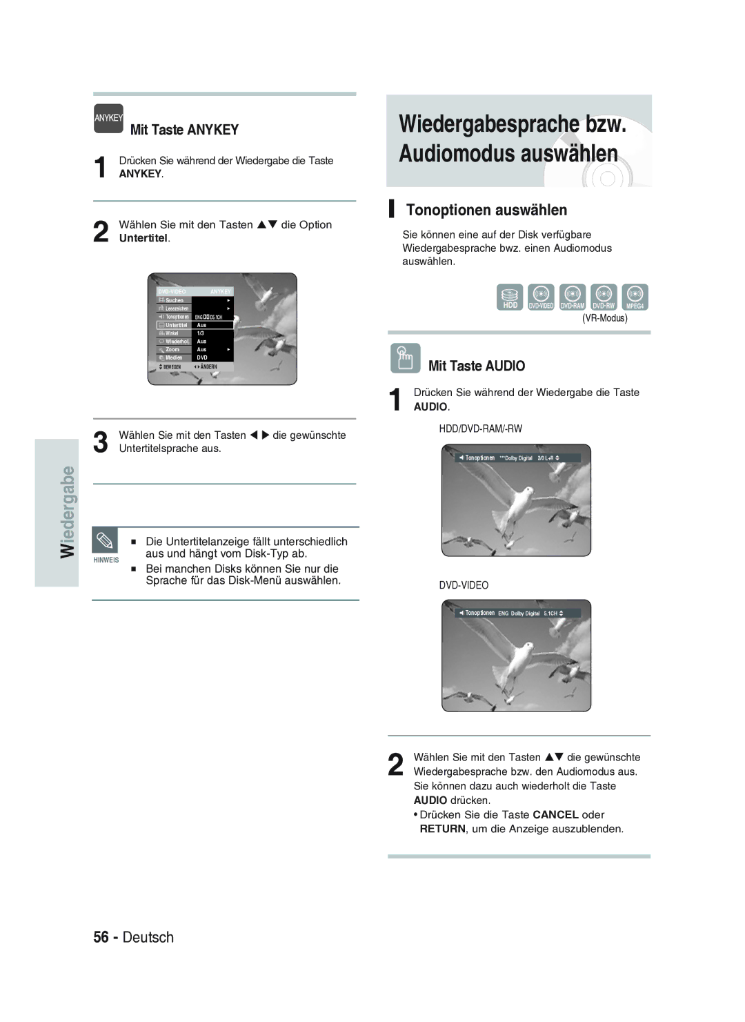 Samsung DVD-HR734A/XEG manual Tonoptionen auswählen, Mit Taste Audio, Aus und hängt vom Disk-Typ ab, Untertitel 