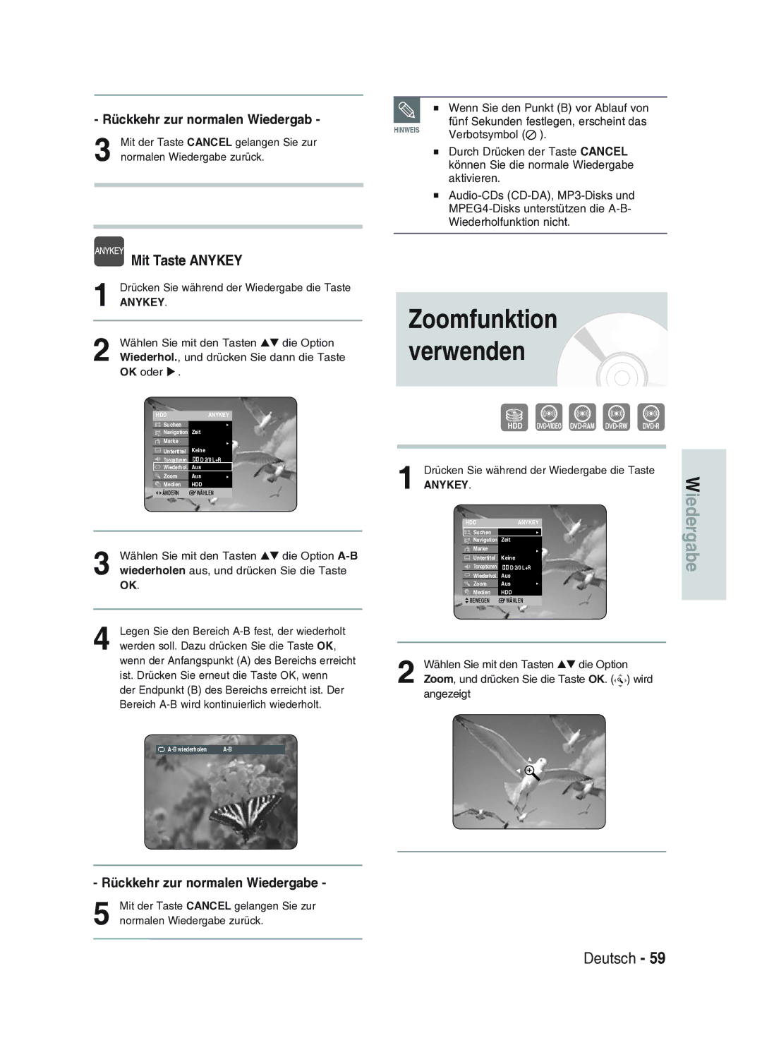 Samsung DVD-HR734A/XEG manual Rückkehr zur normalen Wiedergabe 