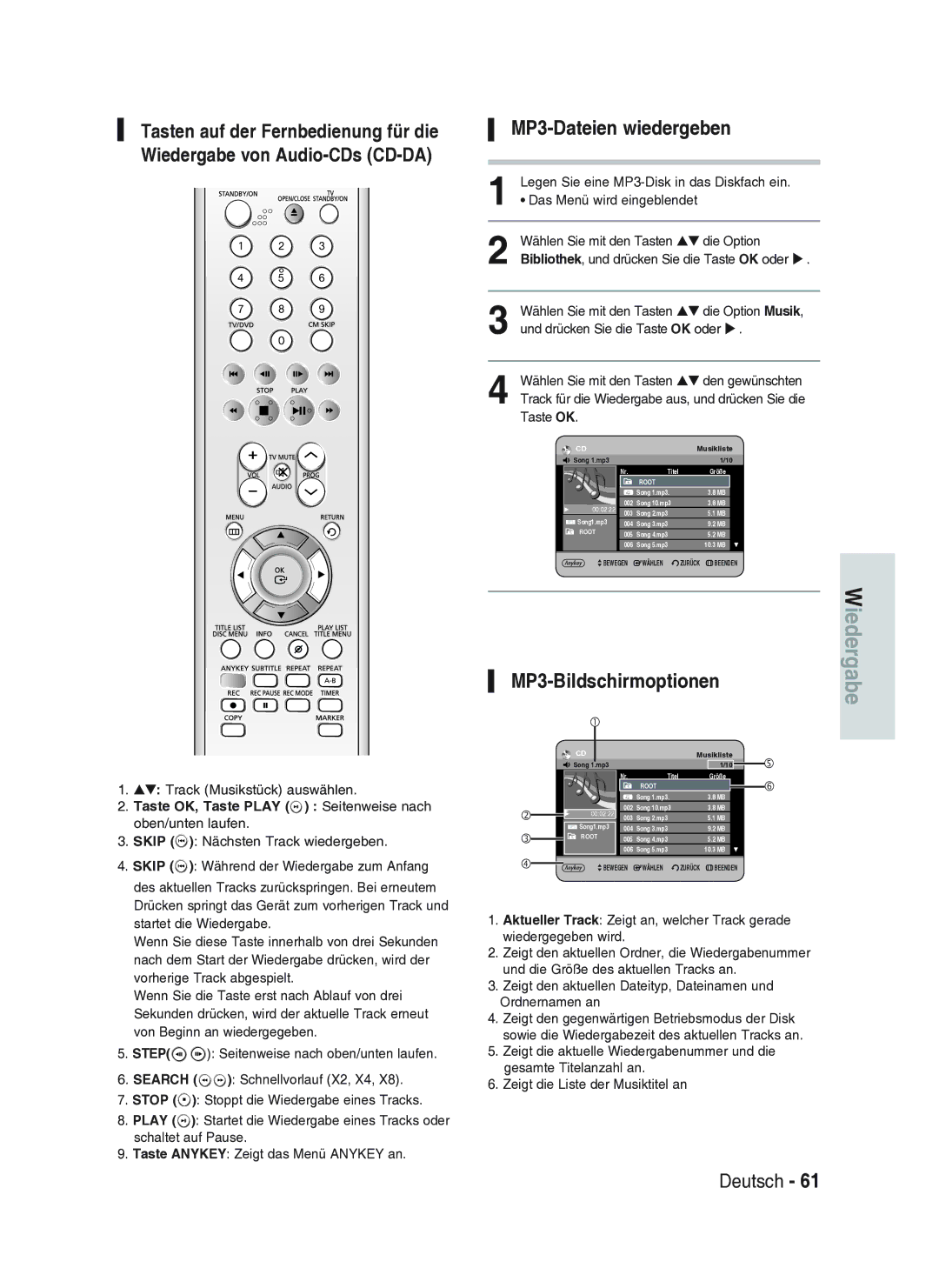 Samsung DVD-HR734A/XEG manual MP3-Dateien wiedergeben, MP3-Bildschirmoptionen, Track Musikstück auswählen 