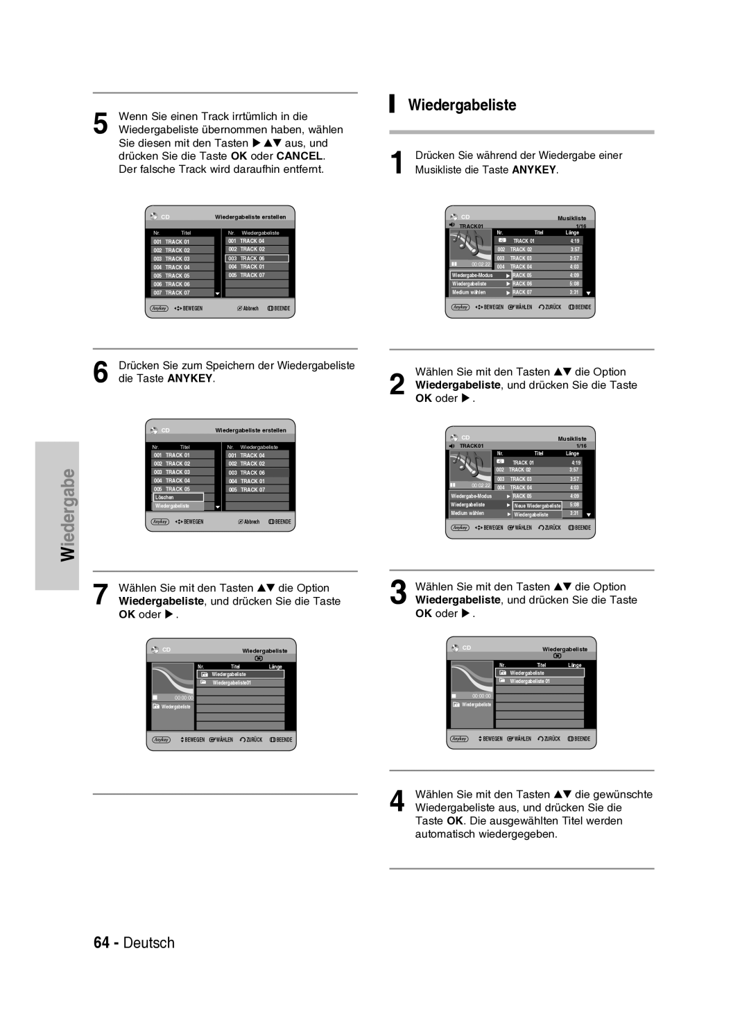 Samsung DVD-HR734A/XEG manual Wählen Sie mit den Tasten die Option, Wiedergabeliste, und drücken Sie die Taste, OK oder 