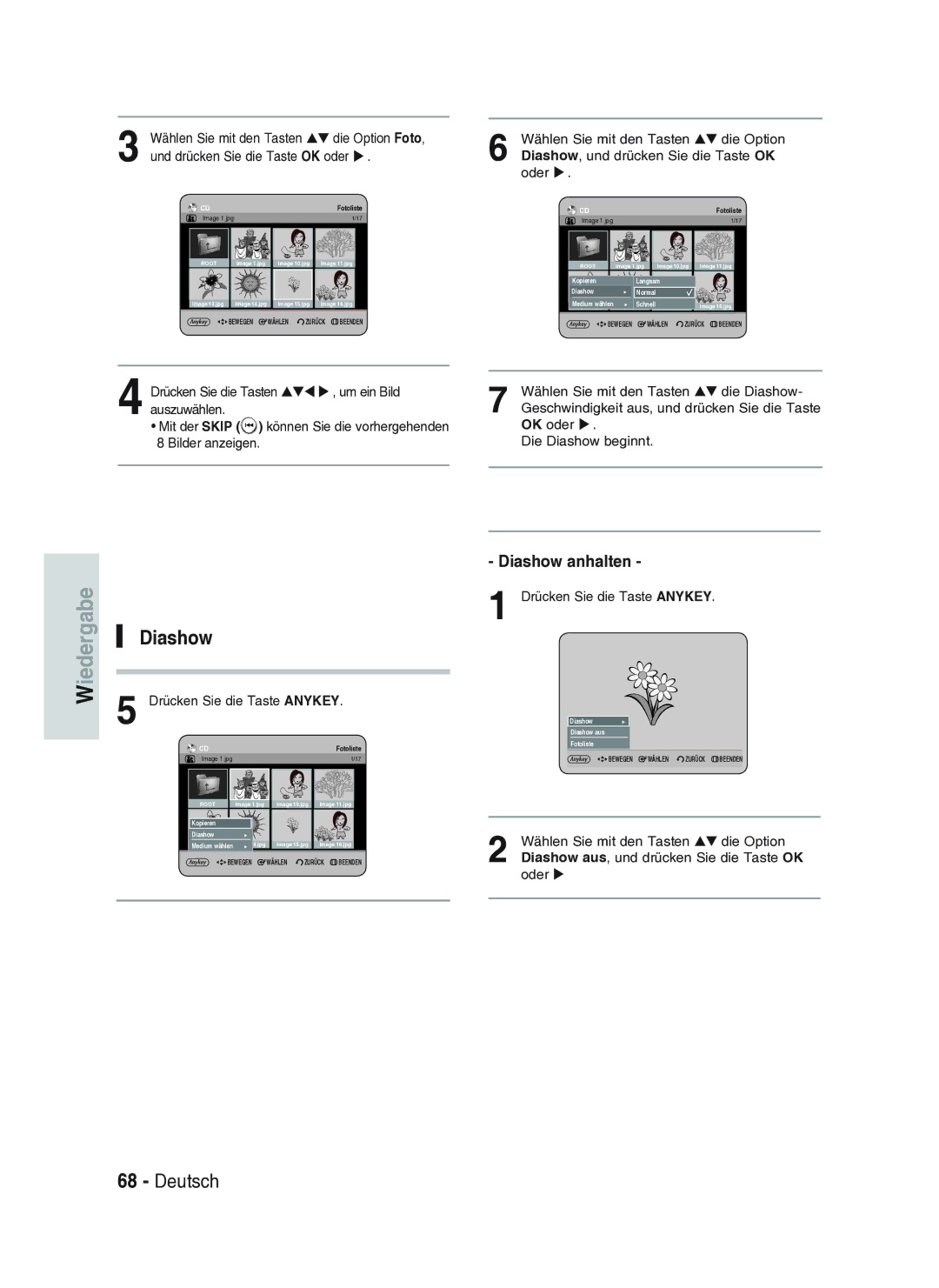 Samsung DVD-HR734A/XEG manual Diashow anhalten, Wählen Sie mit den Tasten Die Option Foto 