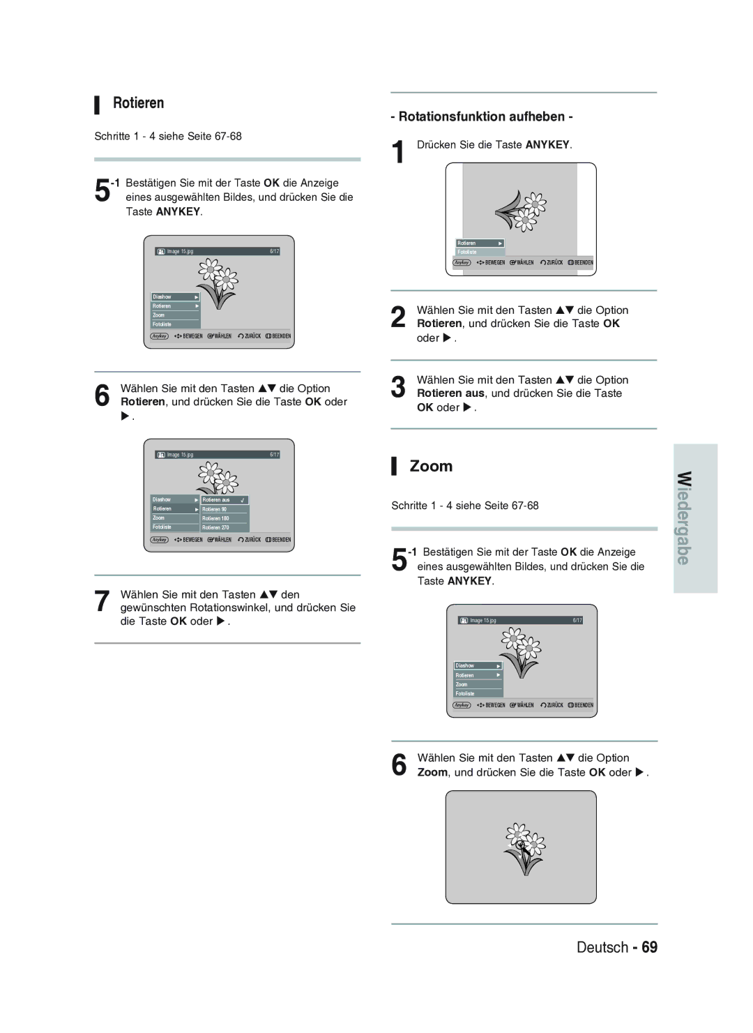 Samsung DVD-HR734A/XEG manual Rotieren, Zoom, Rotationsfunktion aufheben 