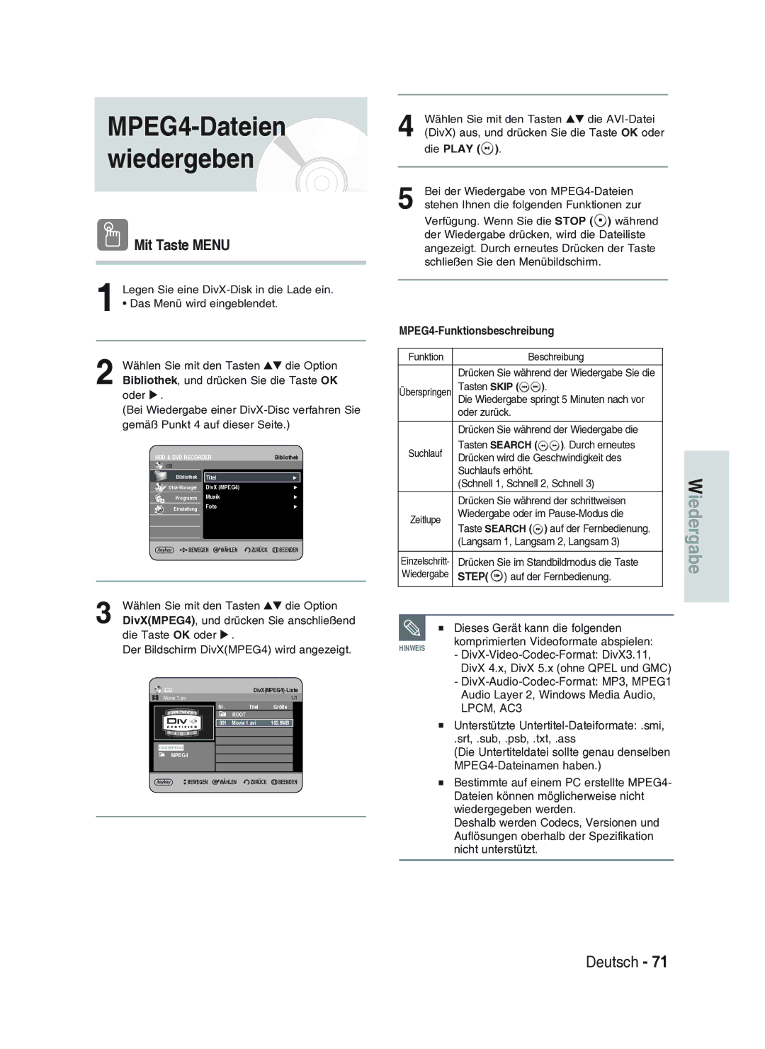 Samsung DVD-HR734A/XEG manual Mit Taste Menu, Dieses Gerät kann die folgenden, Komprimierten Videoformate abspielen 