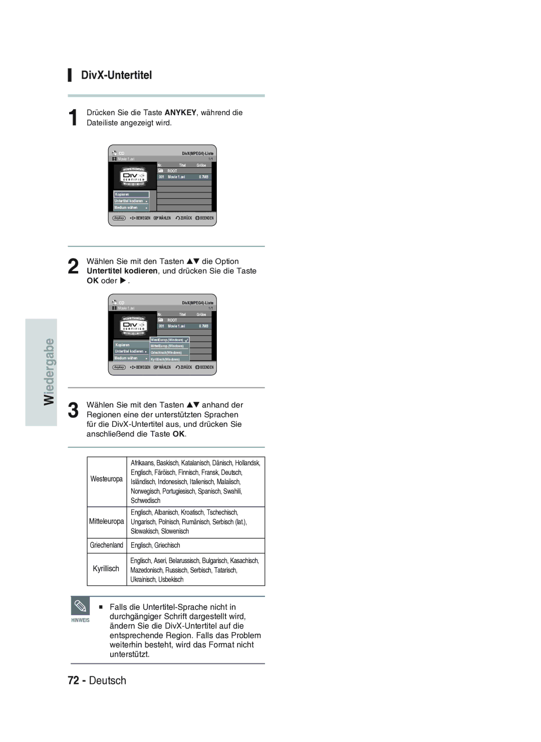 Samsung DVD-HR734A/XEG manual DivX-Untertitel, OK oder 