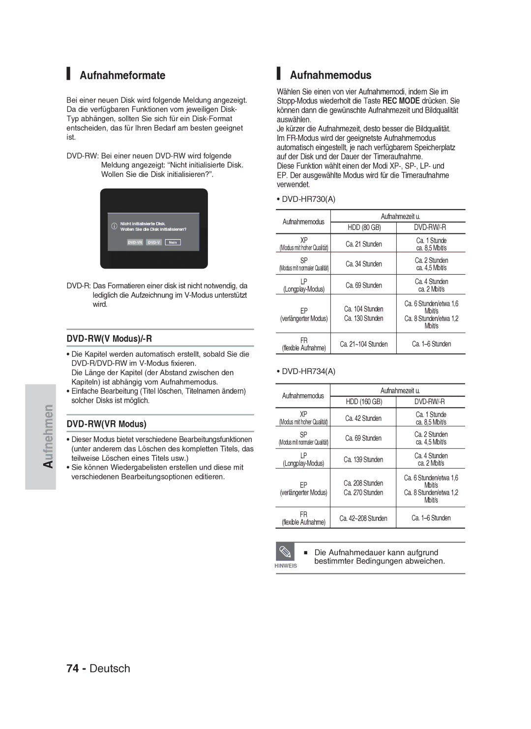 Samsung DVD-HR734A/XEG manual Aufnahmeformate, Aufnahmemodus, DVD-RWV Modus/-R, DVD-RWVR Modus 