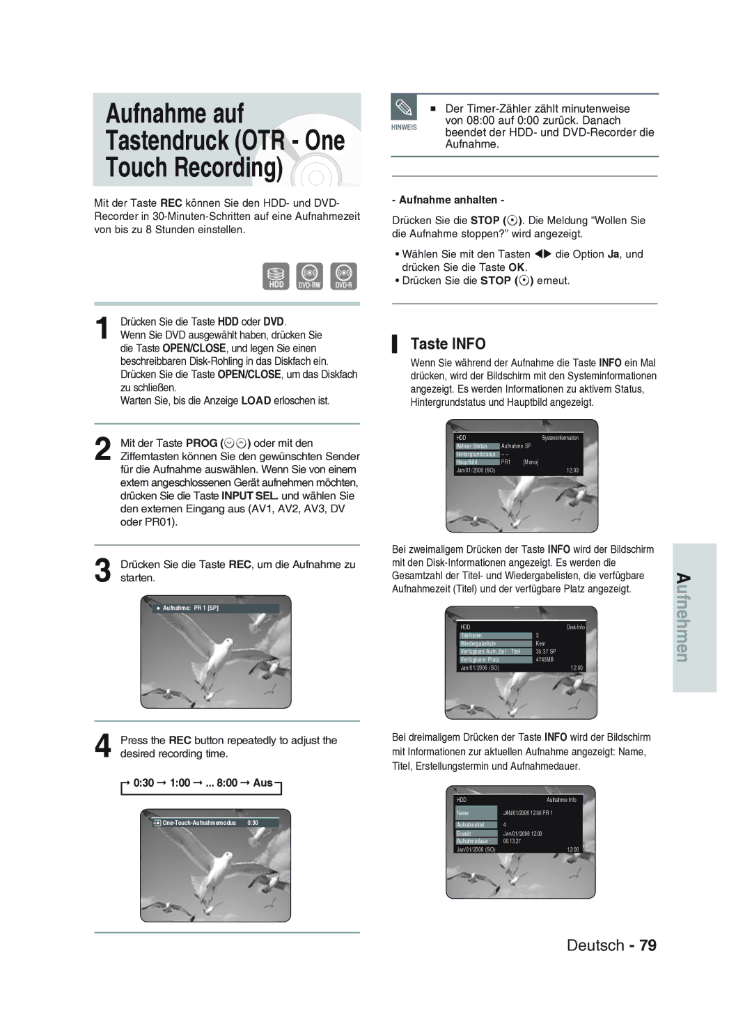 Samsung DVD-HR734A/XEG manual Aufnahme auf Tastendruck OTR One Touch Recording, Taste Info 