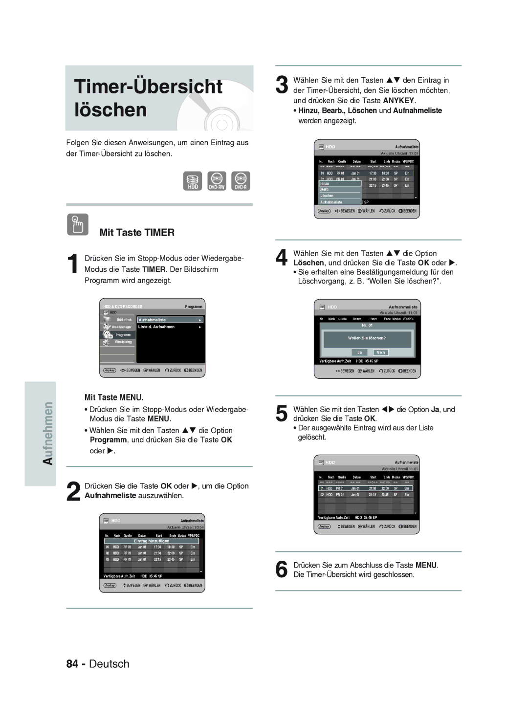 Samsung DVD-HR734A/XEG manual Timer-Übersicht löschen 