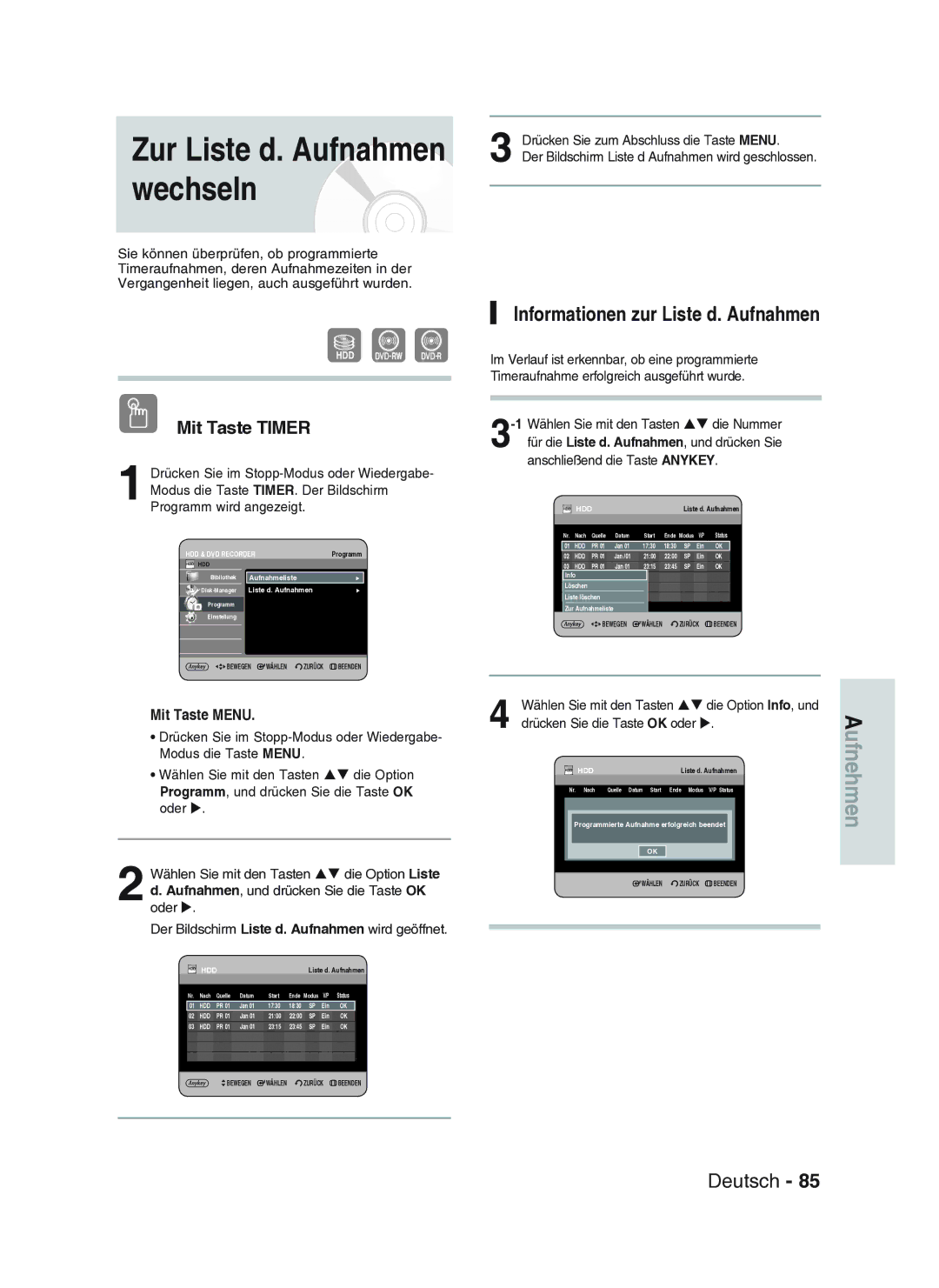 Samsung DVD-HR734A/XEG manual Zur Liste d. Aufnahmen wechseln, Informationen zur Liste d. Aufnahmen 