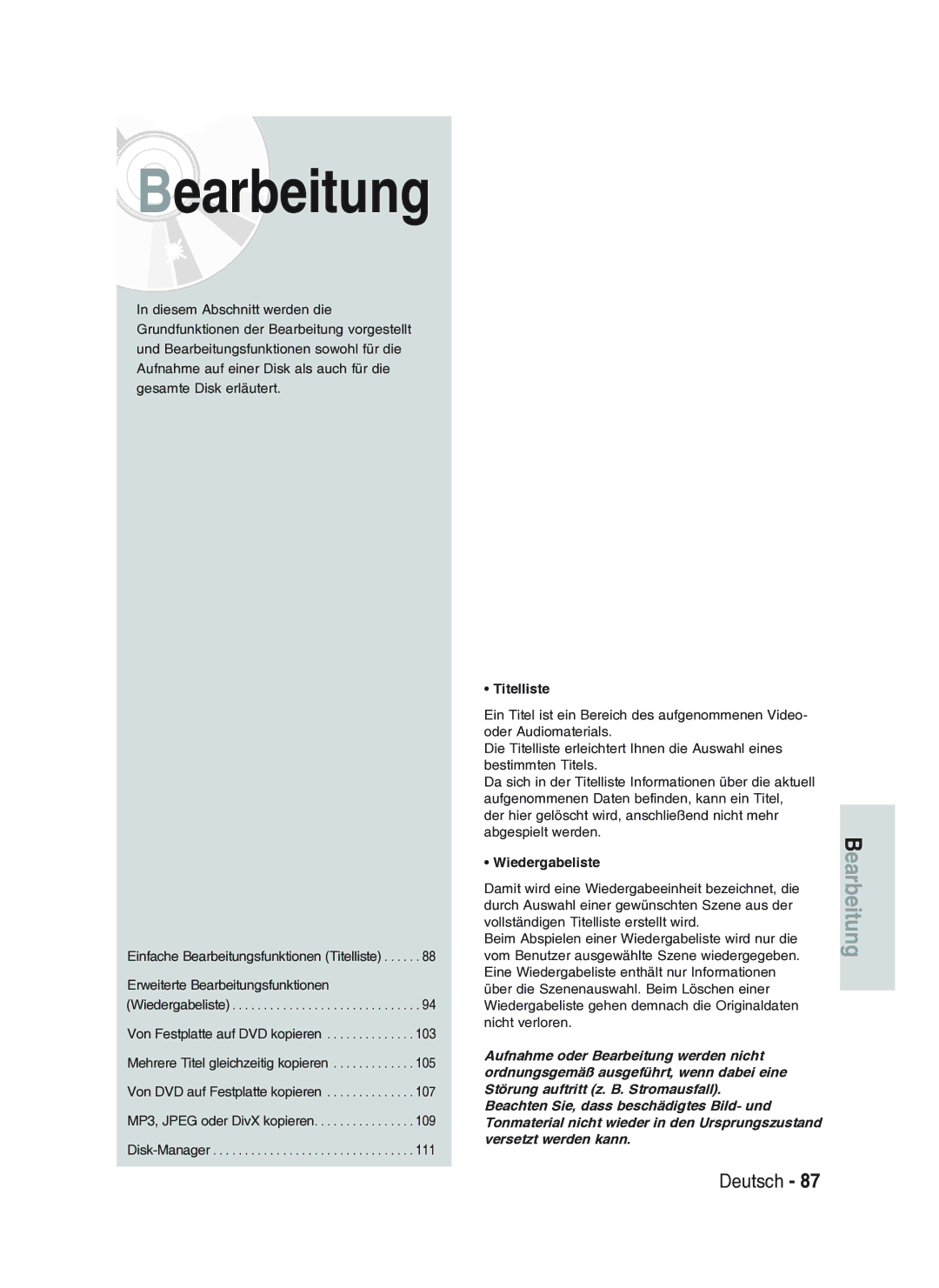 Samsung DVD-HR734A/XEG manual Bearbeitung, Titelliste 